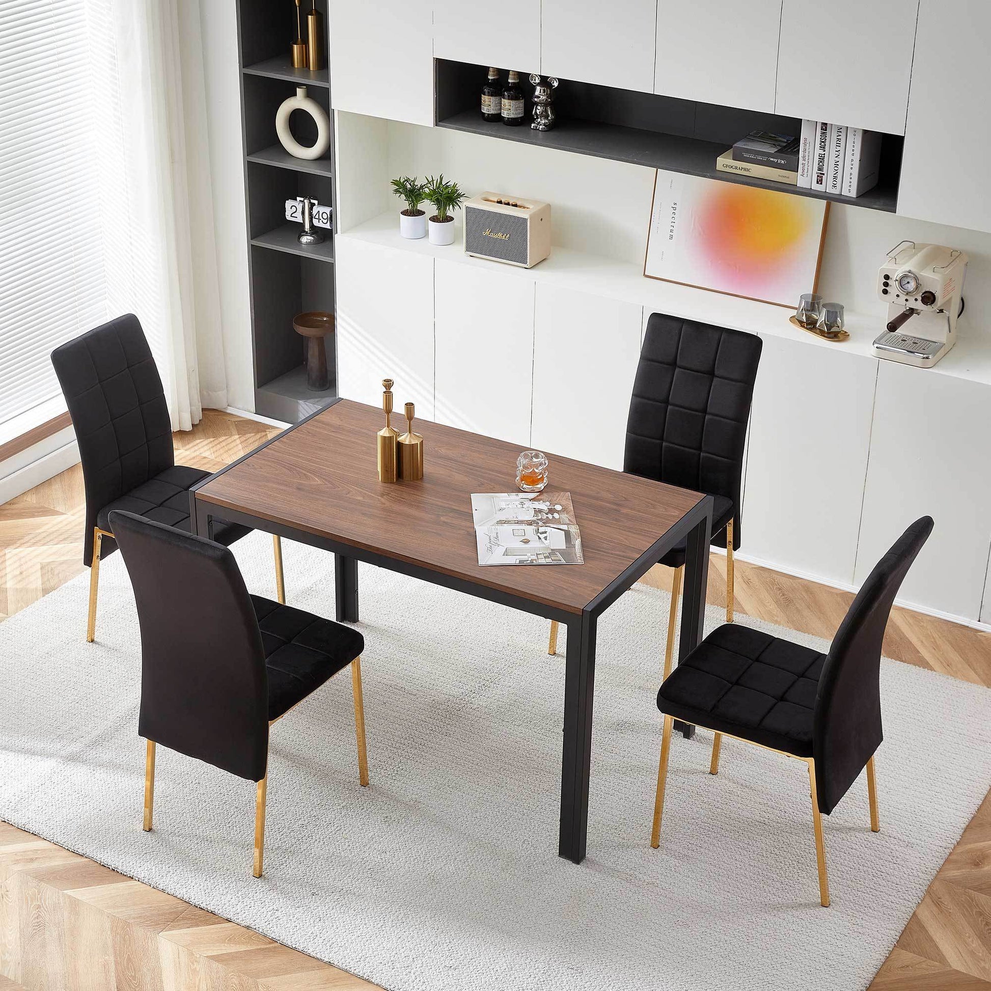 Black Velvet High Back Nordic Dining Chair Modern Fabric Chair With Golden Color Legs, Set Of 4 Metal Plaid Black Dining Room Powder Coated Foam Dry Clean Modern Dining Chairs Solid Back Foam Velvet