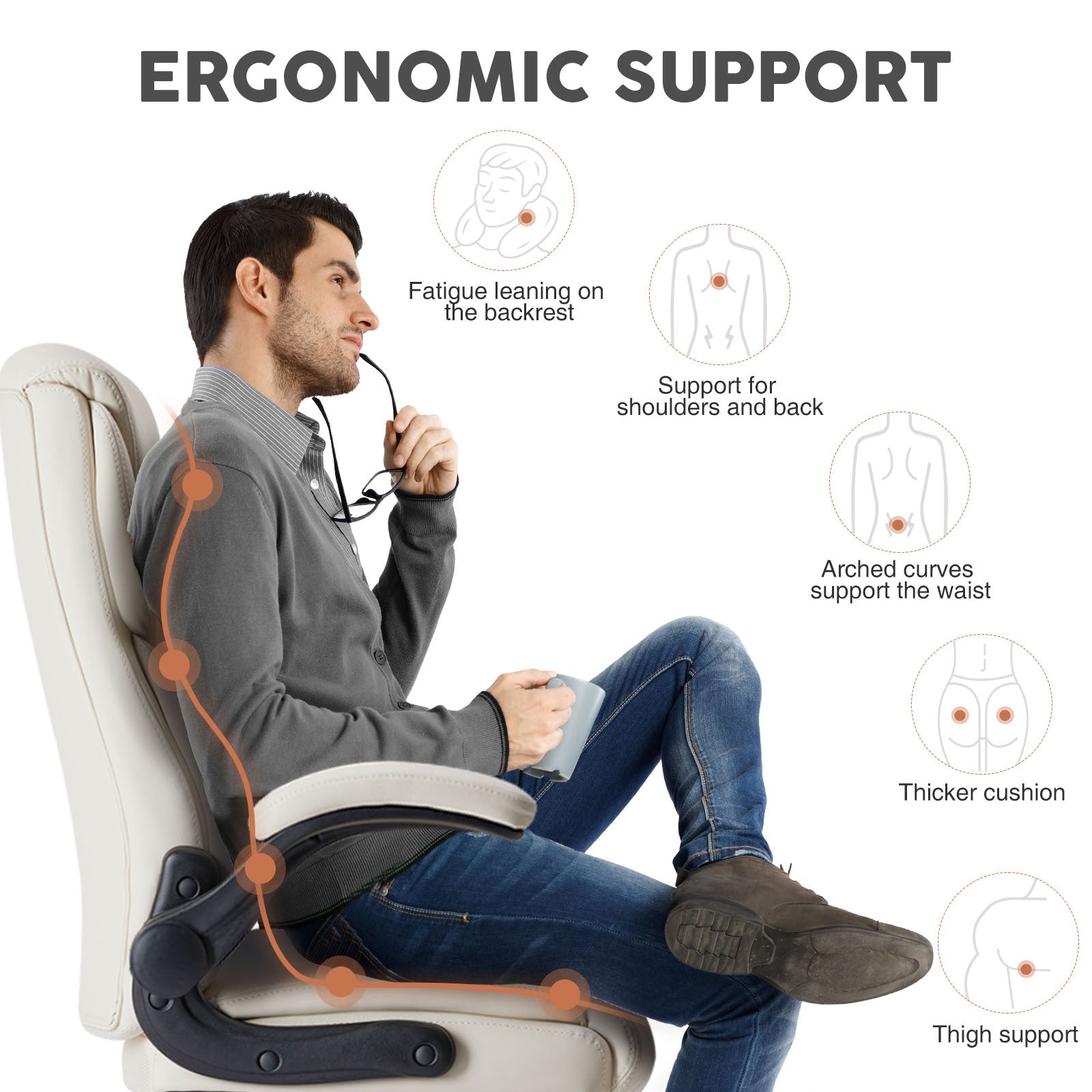 Sweetcrispy Executive Office Pu Leather Desk Chair High Back Flip Up Armrest Adjustable Ergonomic Home Office Chair White Pu Leather