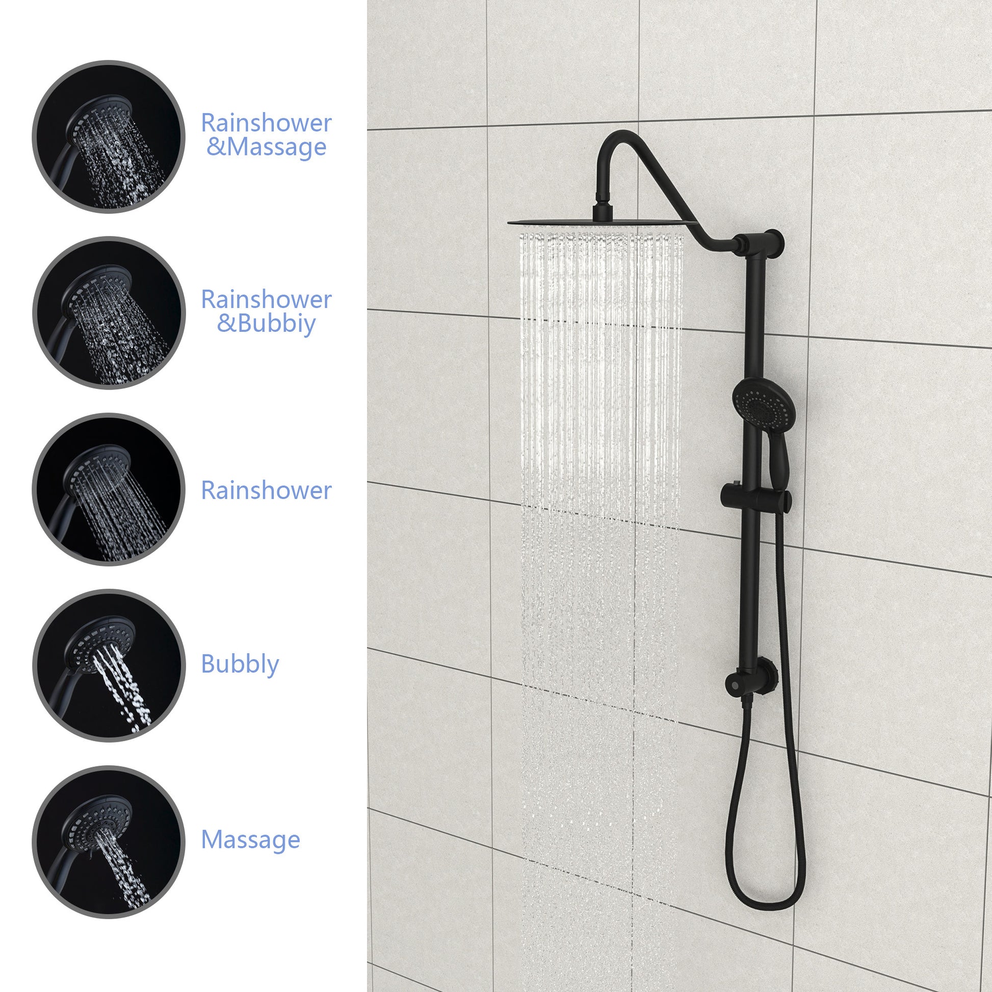 10 Inch Shower System With 5 Function Rain Hand Shower, 26.3" Slide Bar Shower Head Combo, Matte Black Matte Black Metal