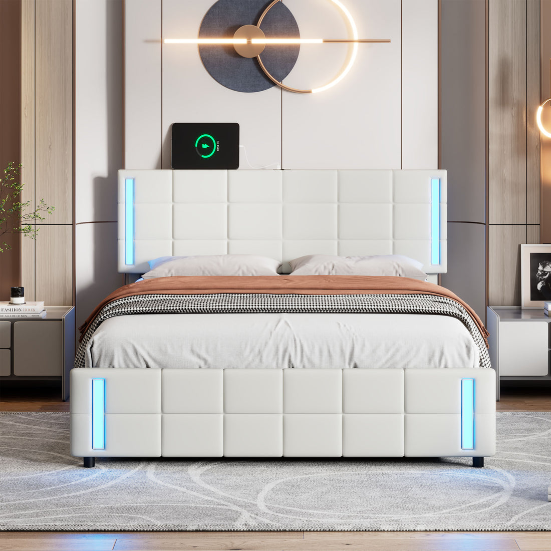 Queen Size Upholstered Platform Bed With Led Lights And Usb Charging, Storage Bed With 4 Drawers, White White Pu