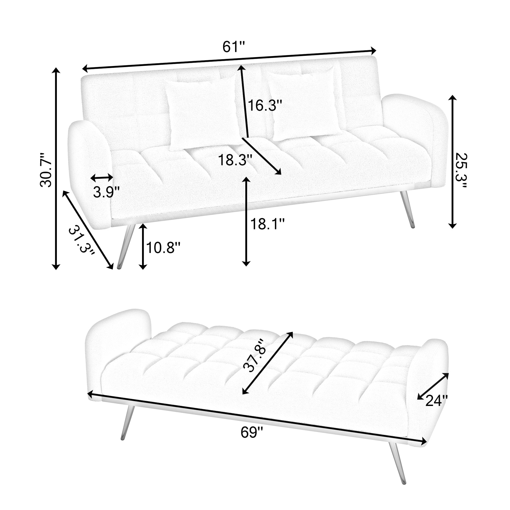 69 Inch Sofa Bed With Adjustable Sofa Teddy Fleece 2 Throw Pillows Pink Foam Fabric 2 Seat