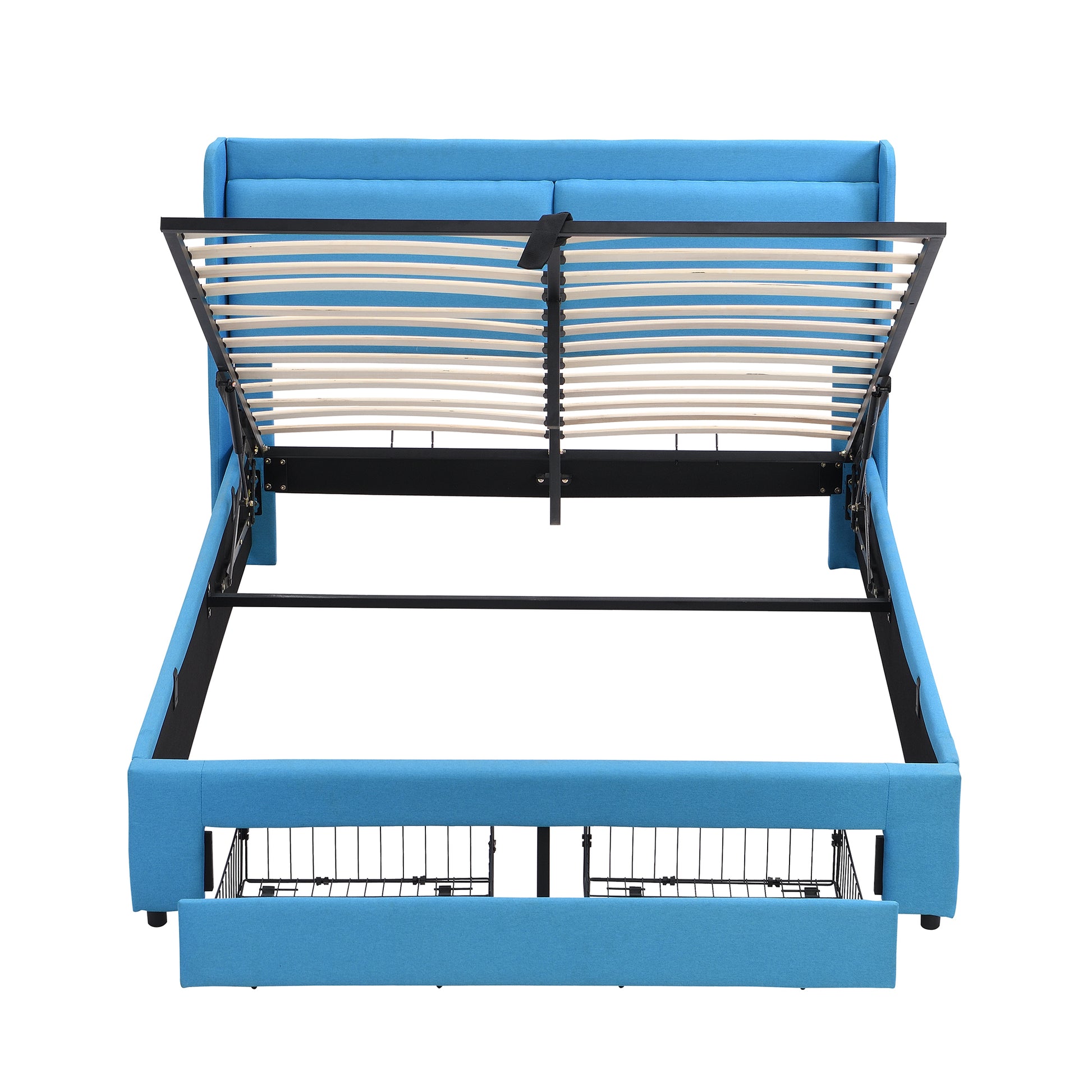 Queen Size Storage Upholstered Hydraulic Platform Bed With 2 Drawers, Blue Box Spring Not Required Queen Blue Metal Bedroom Bed Frame Linen Upholstered