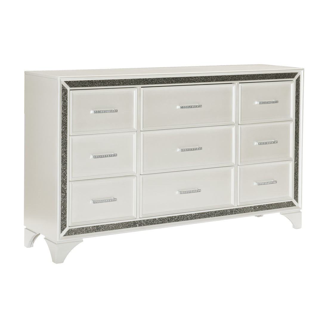 Pearl White Metallic Finish Dresser 1Pc 9 Drawers Silver Glitter Trim Modern Bedroom Furniture White Bedroom Contemporary,Glam,Modern Wood