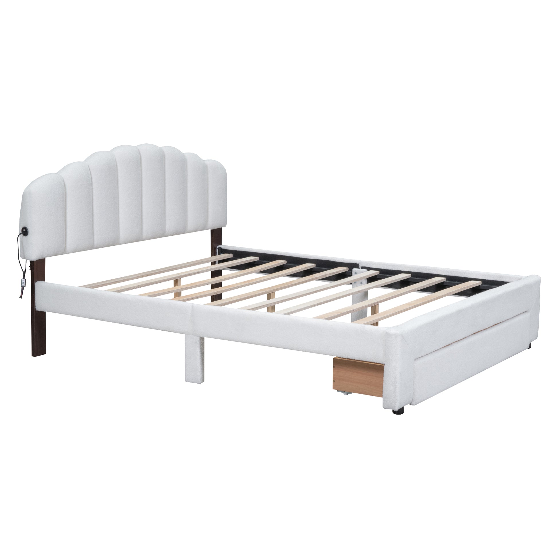 Teddy Fleece Queen Size Upholstered Platform Bed With Nightstand, White White Fleece