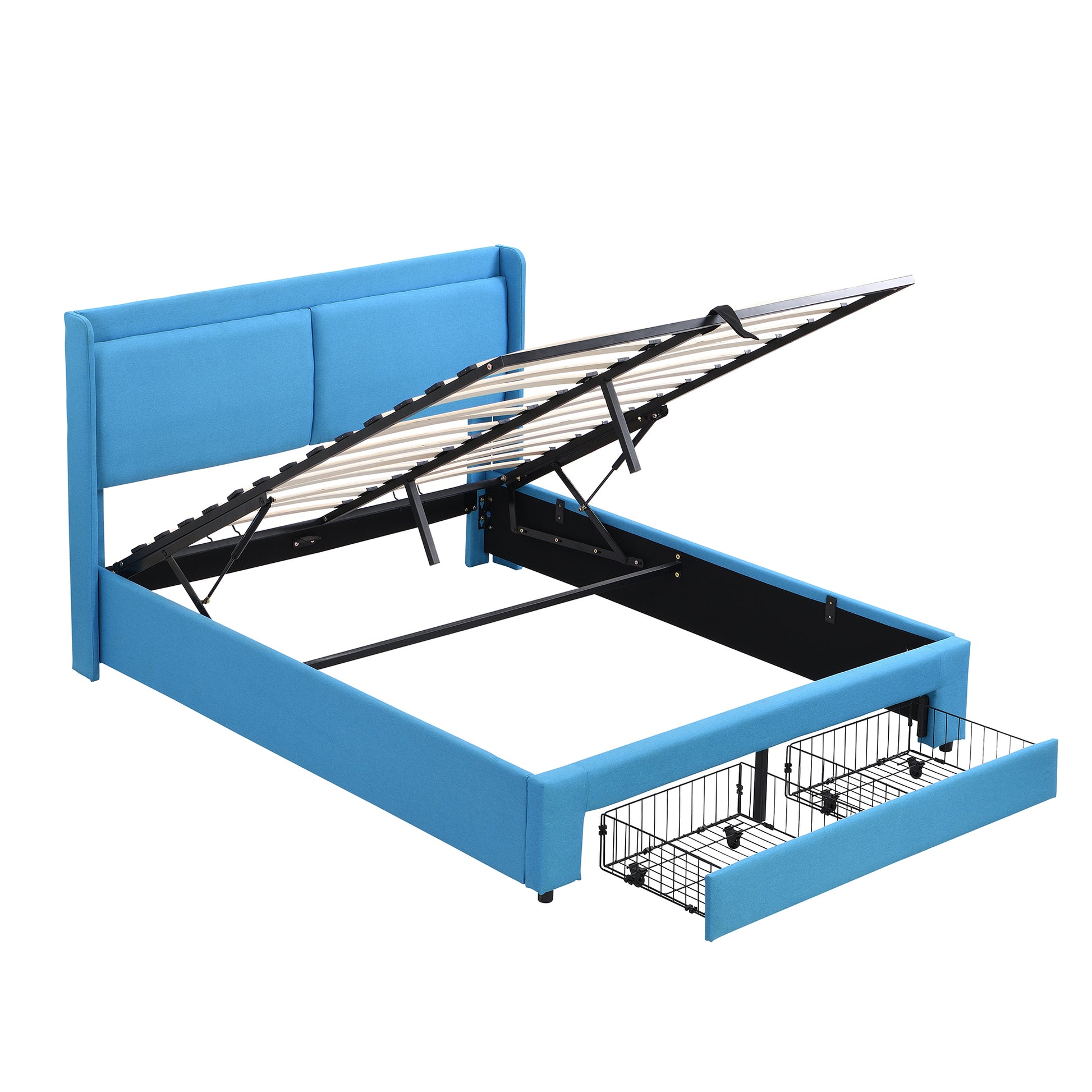 Queen Size Storage Upholstered Hydraulic Platform Bed With 2 Drawers, Blue Box Spring Not Required Queen Blue Metal Bedroom Bed Frame Linen Upholstered