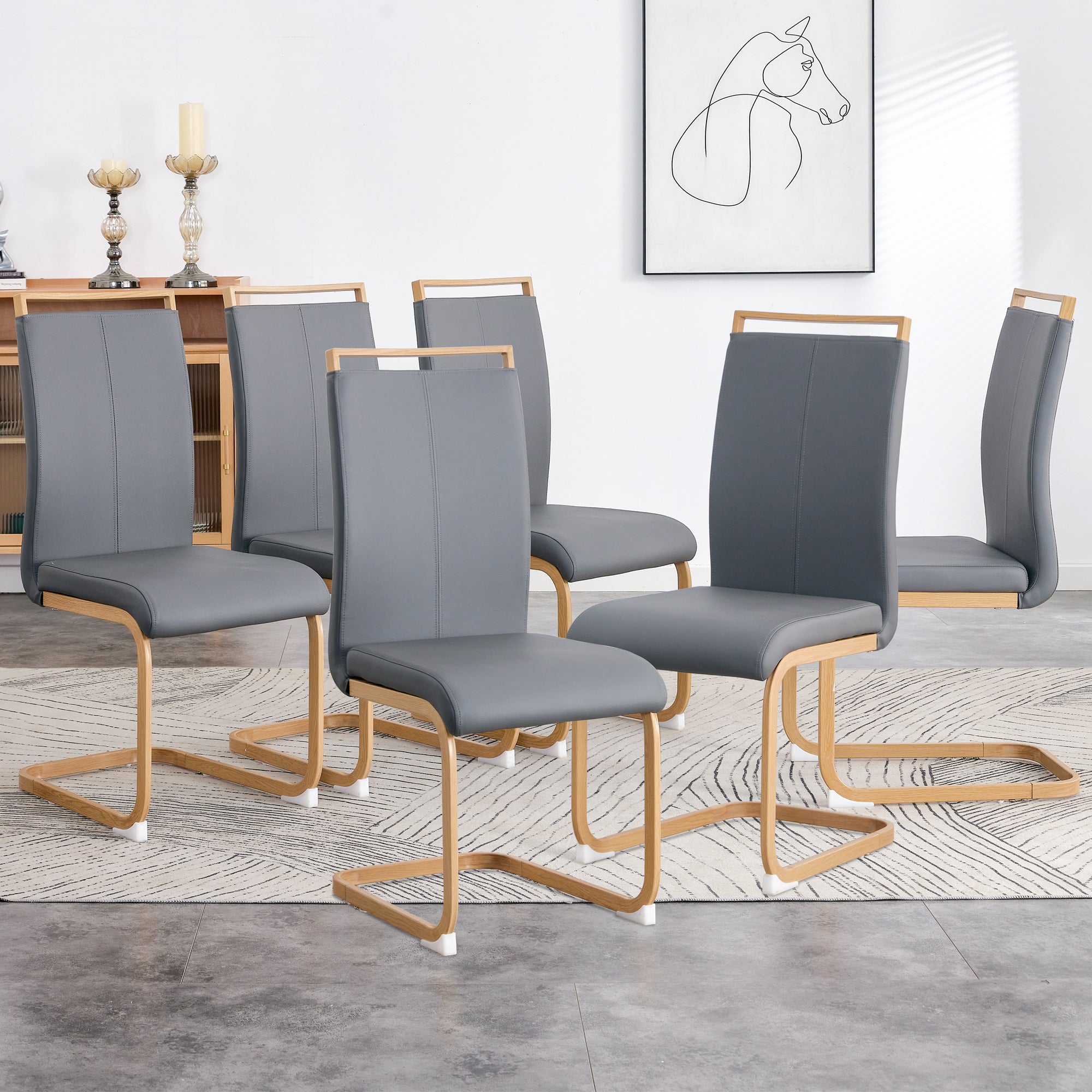 Modern Pu Leather High Backrest Cushion Side Chair With Wood Grain Metal Legs,Suitable For Dining, Kitchen, Dressing Table, Terrace, Guest Office Chairs Set Of 6 Grey Pu 1162 Grey Pu