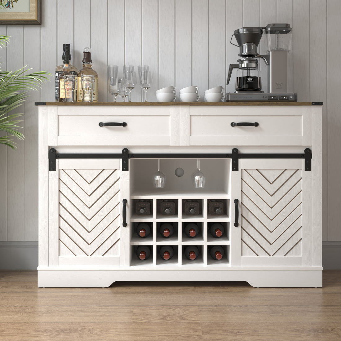 Farmhouse Storage Sideboard Buffet Coffee Bar Cabinet With Sliding Barn Door, 3 Drawers, Wine And Glass Rack White & Oak White Oak Engineered Wood