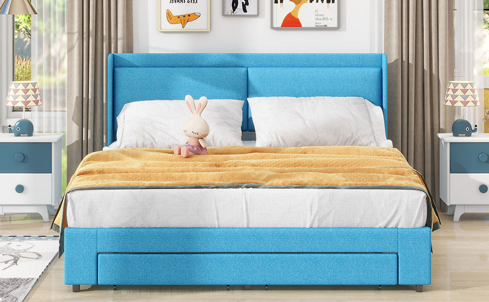 Queen Size Storage Upholstered Hydraulic Platform Bed With 2 Drawers, Blue Box Spring Not Required Queen Blue Metal Bedroom Bed Frame Linen Upholstered