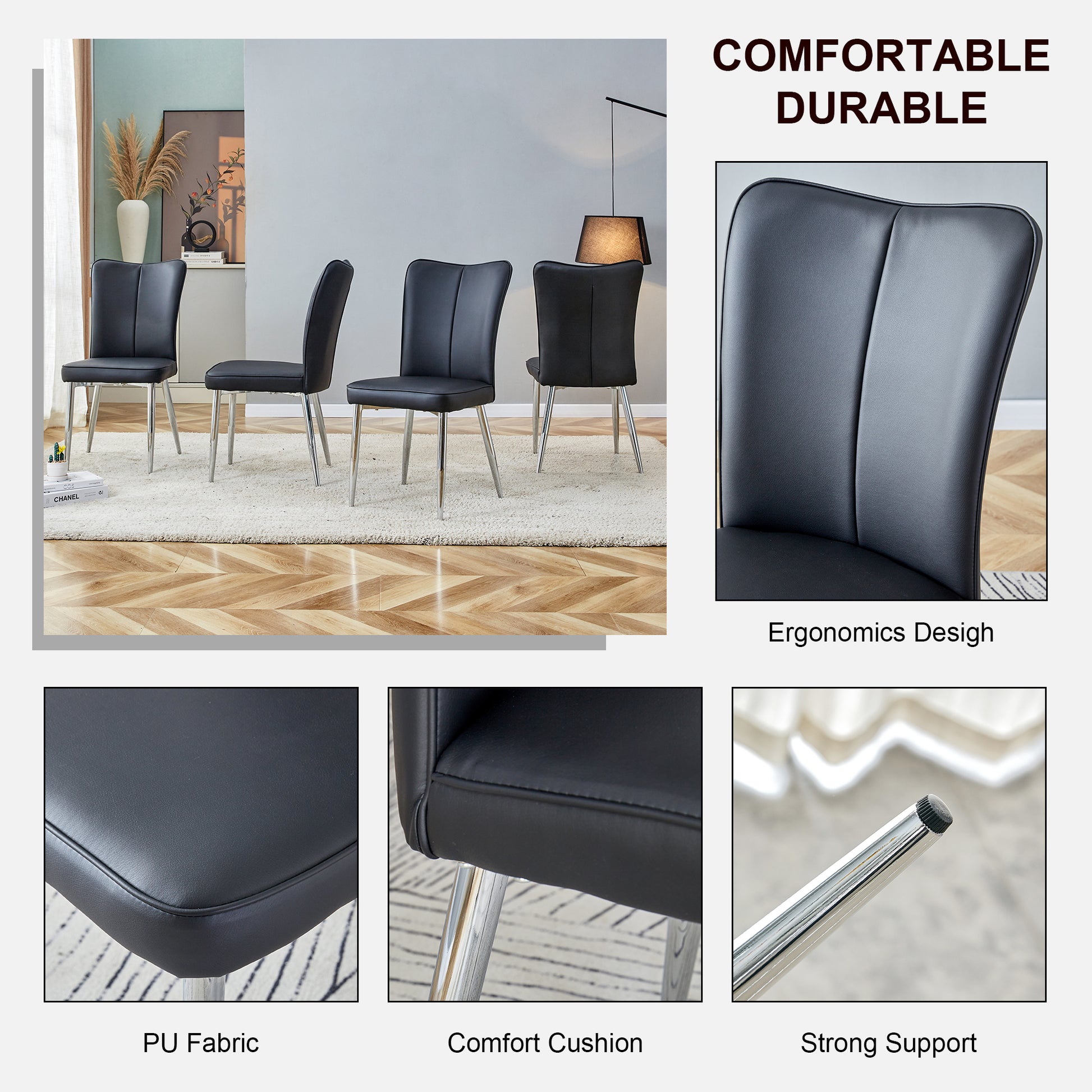 Modern Minimalist Dining Chairs, Black Pu Leather Curved Backrest And Seat Cushions, Electroplated Metal Chair Legs, Suitable For Restaurants, Bedrooms, And Living Rooms. A Set Of 4 Chairs.008 Black Pu