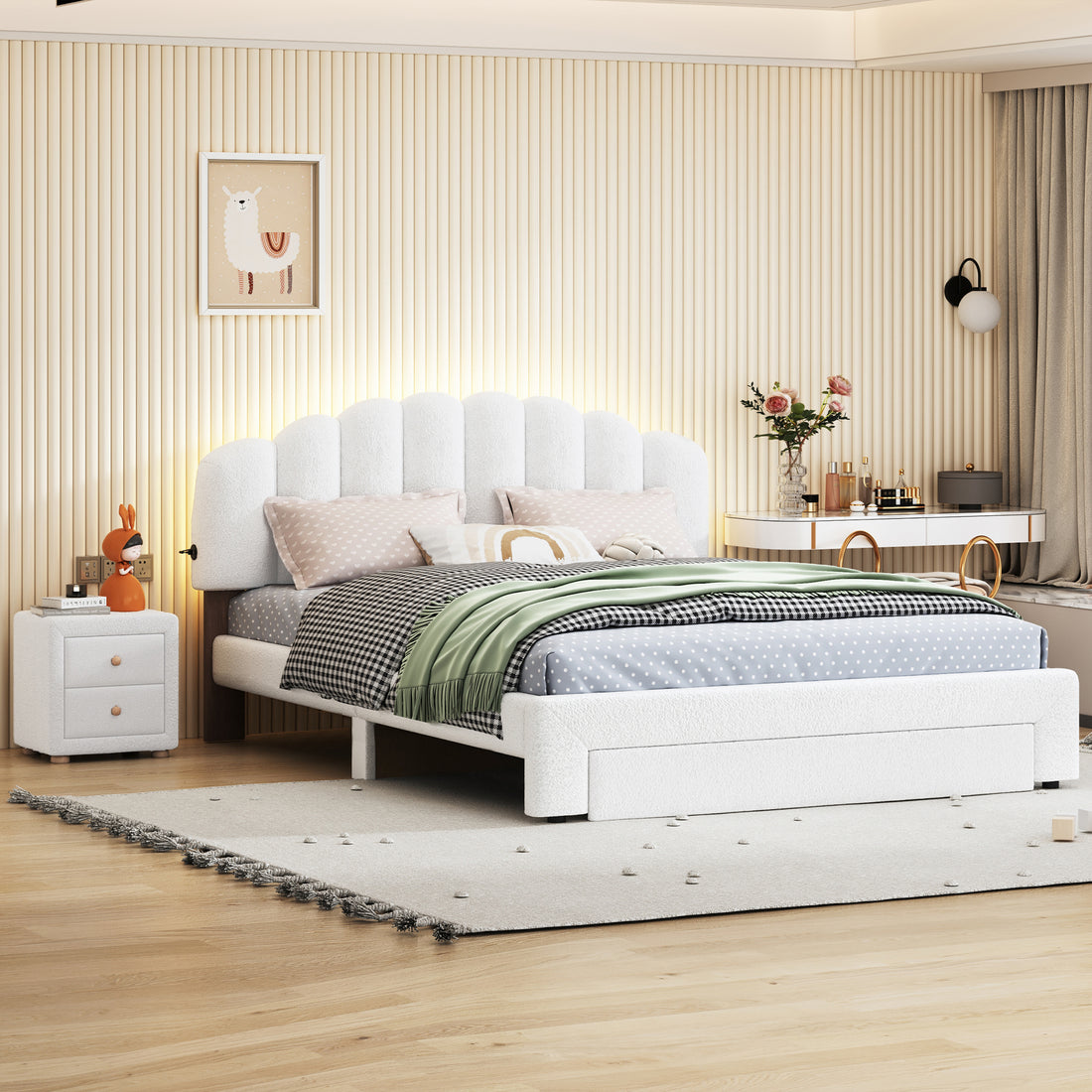 Teddy Fleece Queen Size Upholstered Platform Bed With Nightstand, White White Fleece