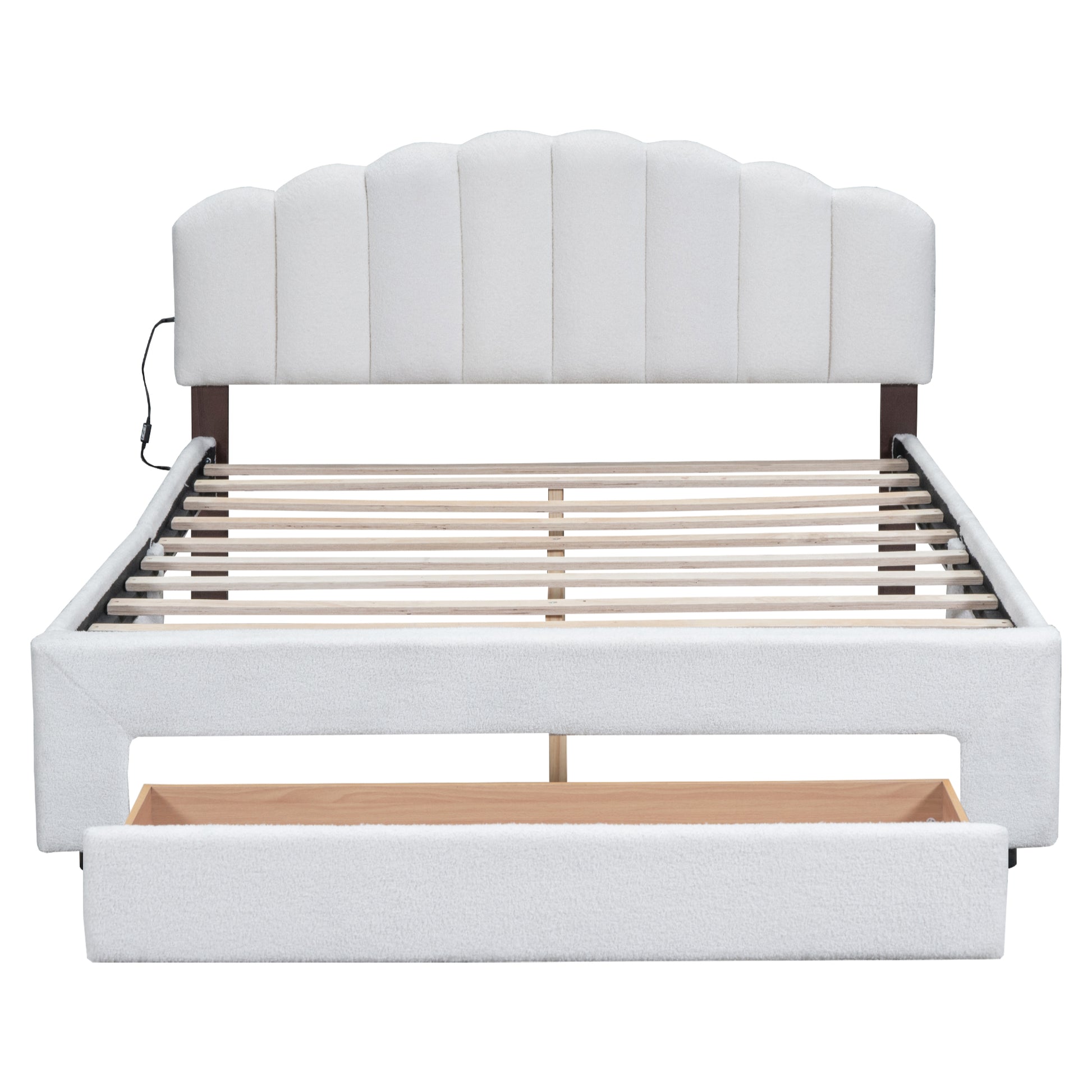 Teddy Fleece Queen Size Upholstered Platform Bed With Drawer, White White Fleece