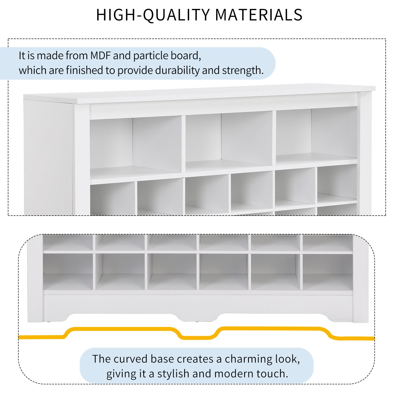 Sleek Design 24 Shoe Cubby Console, Modern Shoe Cabinet With Curved Base, Versatile Sideboard With High Quality For Hallway, Bedroom, Living Room, White Freestanding White Primary Living Space Particle Board