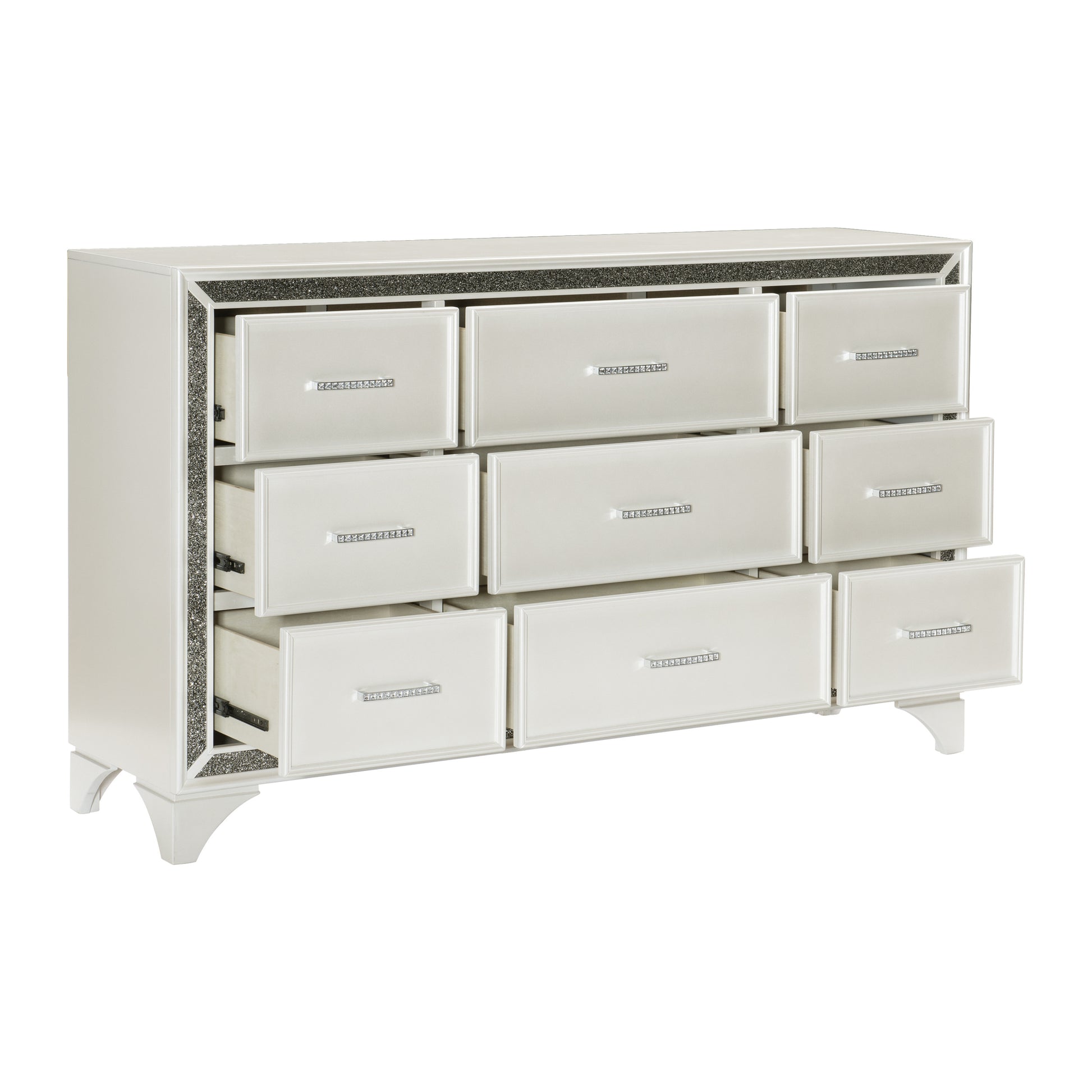 Pearl White Metallic Finish Dresser 1Pc 9 Drawers Silver Glitter Trim Modern Bedroom Furniture White Bedroom Contemporary,Glam,Modern Wood