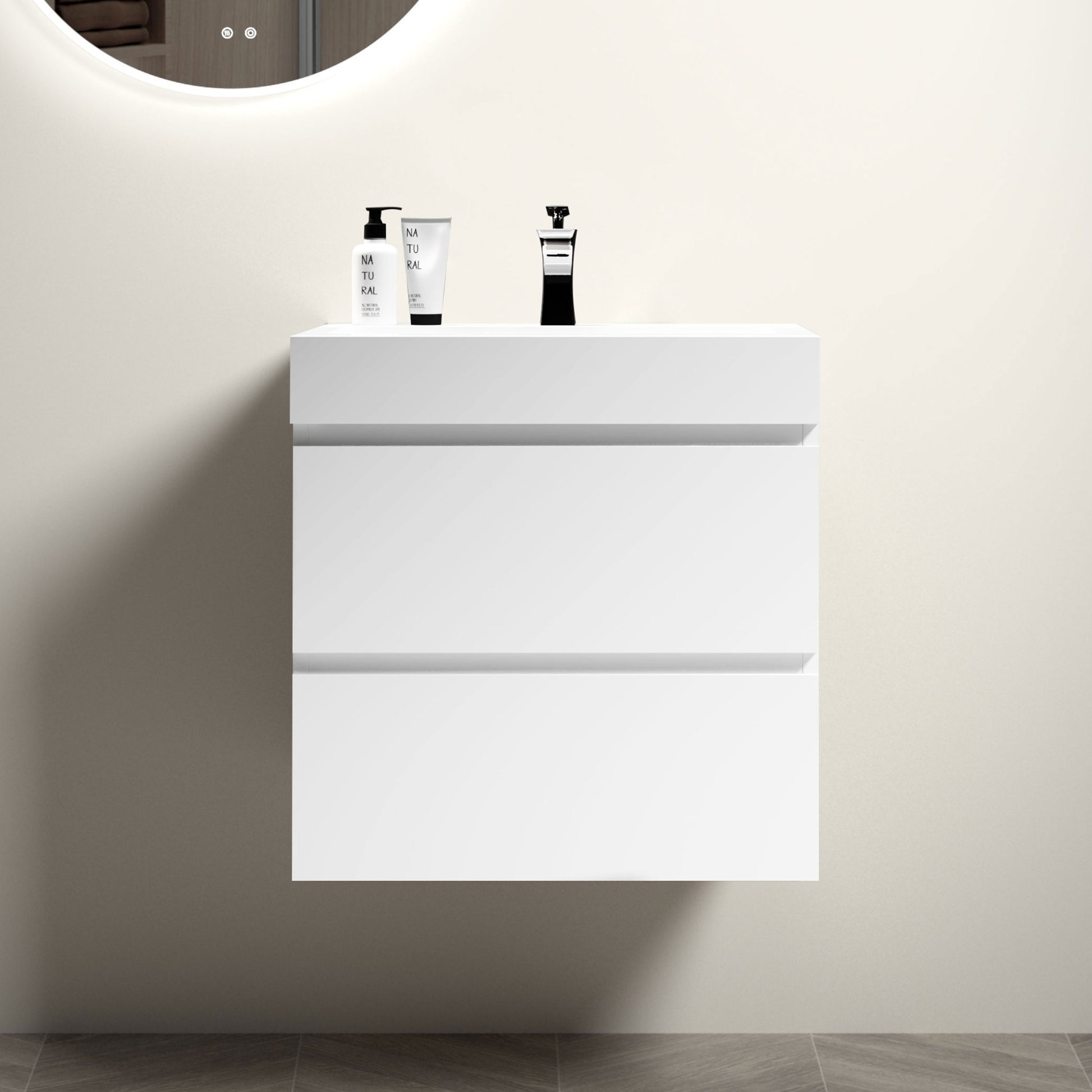 Bb02 24 101, Integrated Solid Surface Basin Without Drain & Faucet, Glossy White Color White Solid Surface