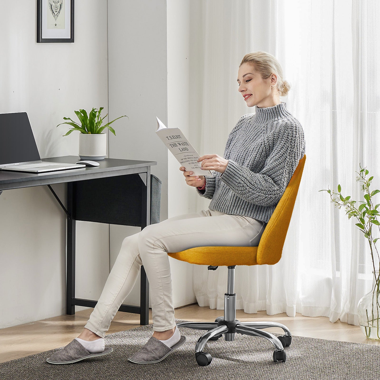 Sweetcrispy Armless Home Office Desk Chair With Wheels Adjustable Swivel Task Computer Vanity Chair For Small Spaces Yellow Fabric