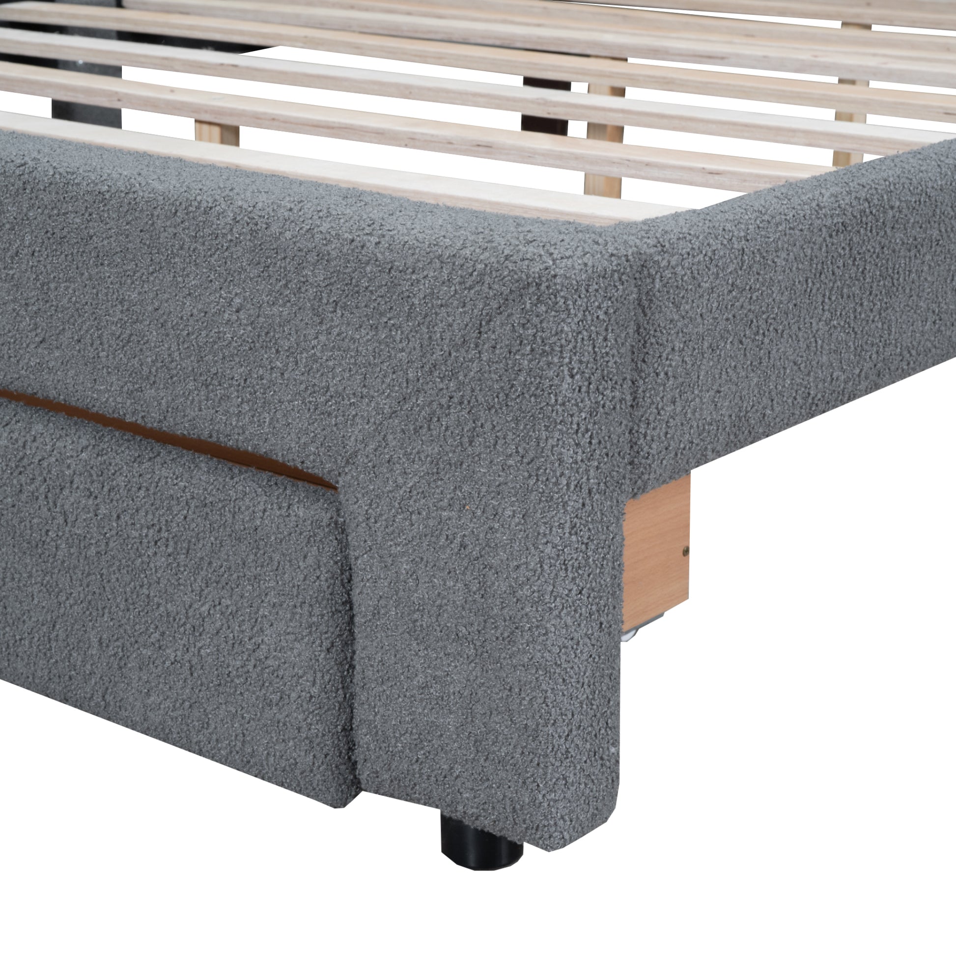 Teddy Fleece Queen Size Upholstered Platform Bed With Drawer, Gray Gray Fleece