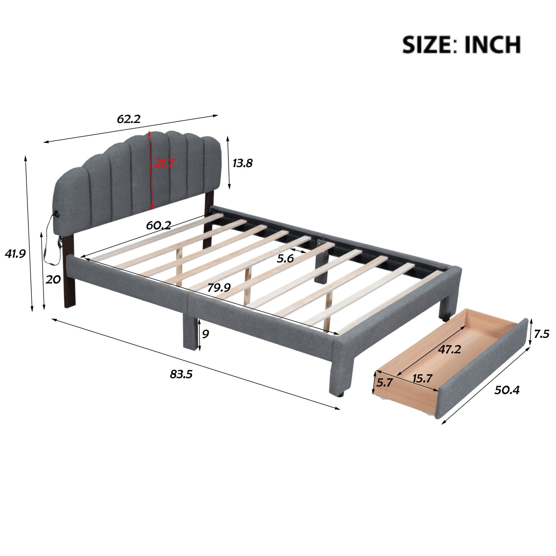 Teddy Fleece Queen Size Upholstered Platform Bed With Drawer, Gray Gray Fleece