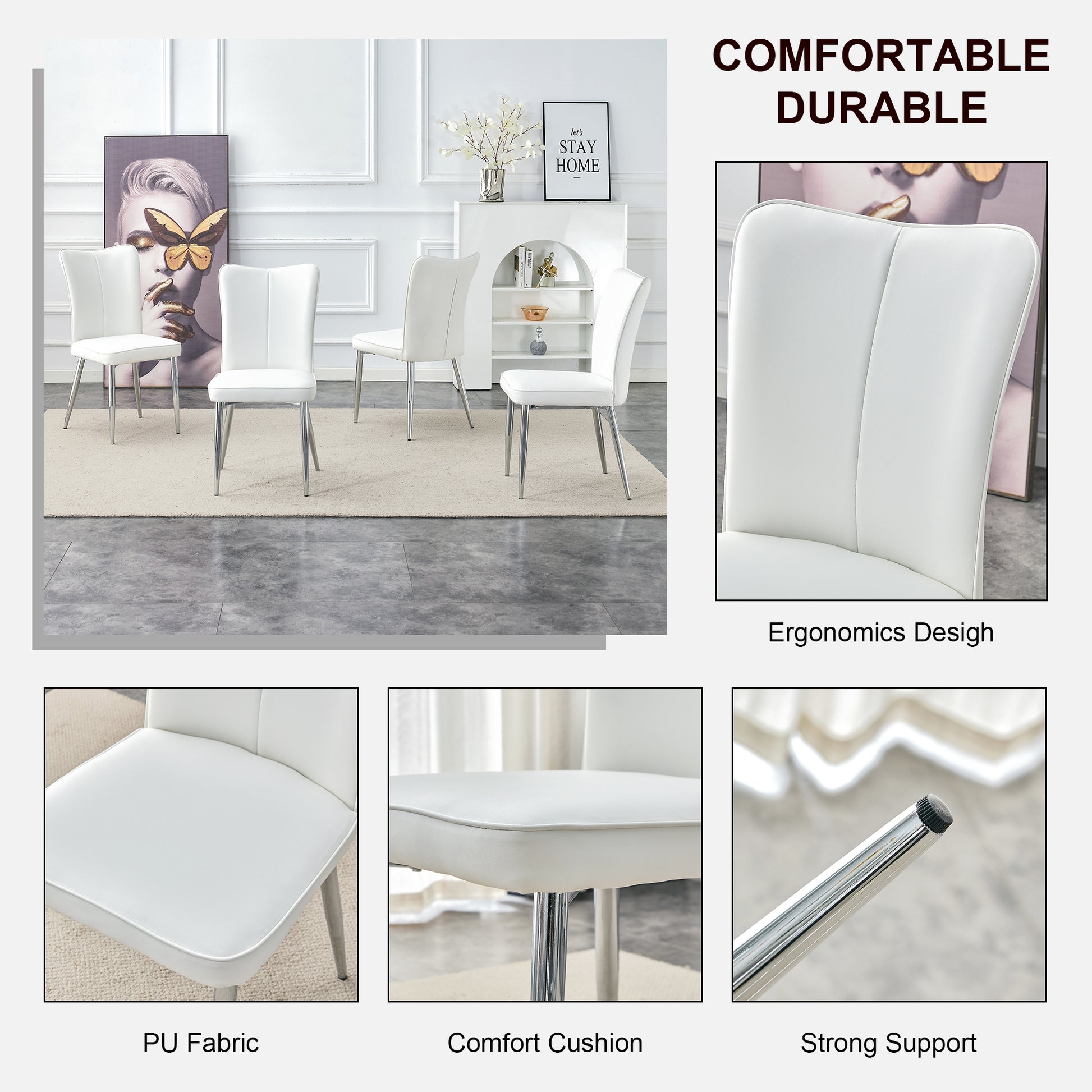 Modern Minimalist Dining Chairs, Office Chairs. 4 Piece Set Of White Pu Seats With Silver Metal Legs. Suitable For Restaurants, Living Rooms, And Offices. C 008 White Pu