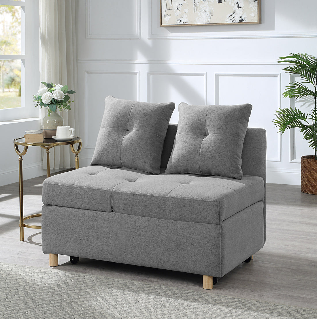 4 In 1 Convertible Sofas & Couches, Single Extendable Sofa With 6 Position Adjustable Back, Sofa Bed With 2 Pillows, Gray Gray Linen Armless Wood Fabric 1 Seat