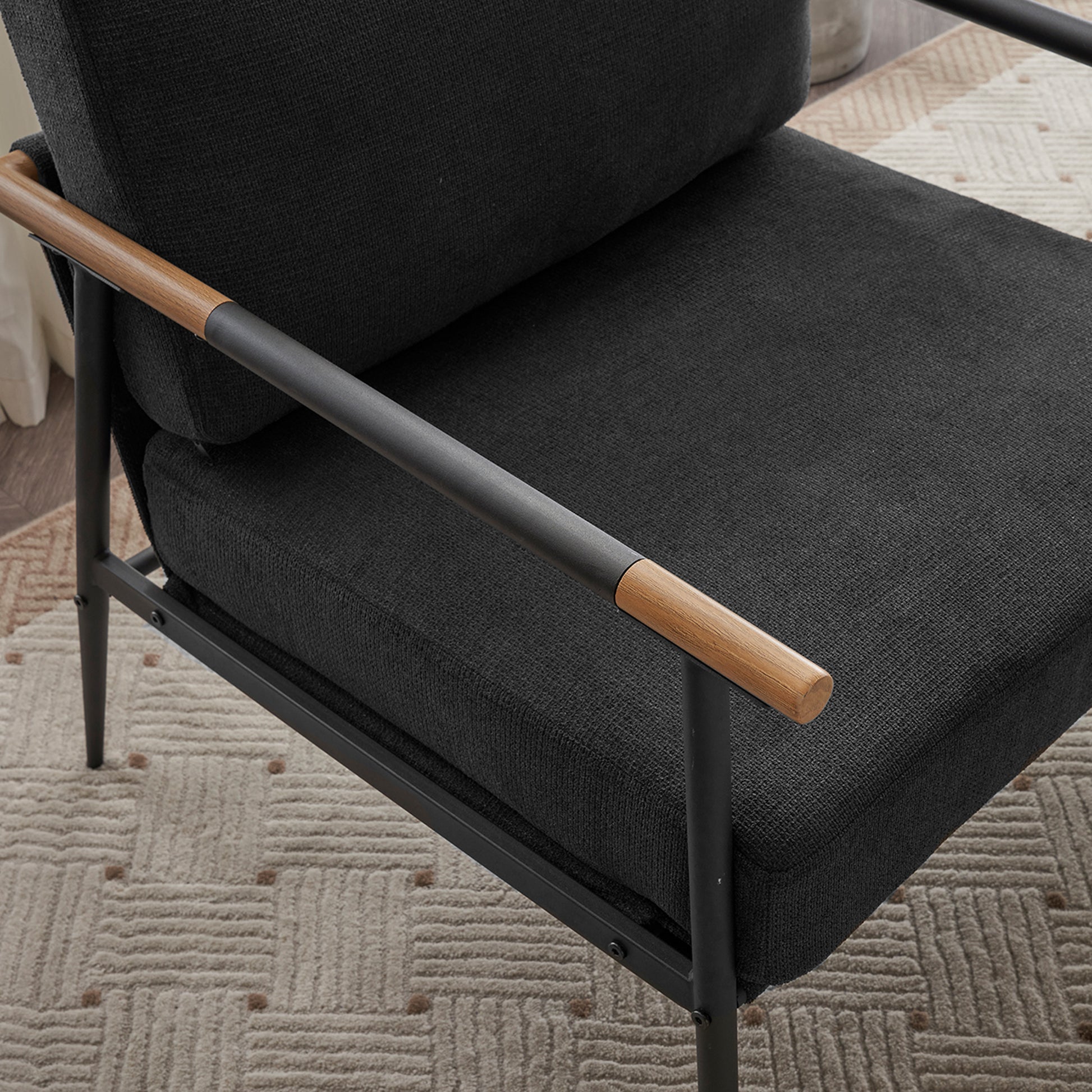 Leisure Lounge Chair Arm Chair With Metal Frame, Upholstered Side Chair Comfy Sitting Chair For Living Room, Black Chenille Black Chenille