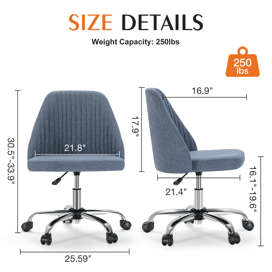 Sweetcrispy Armless Home Office Desk Chair With Wheels Adjustable Swivel Task Computer Vanity Chair For Small Spaces Blue Fabric