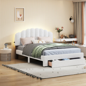 Teddy Fleece Queen Size Upholstered Platform Bed With Drawer, White White Fleece