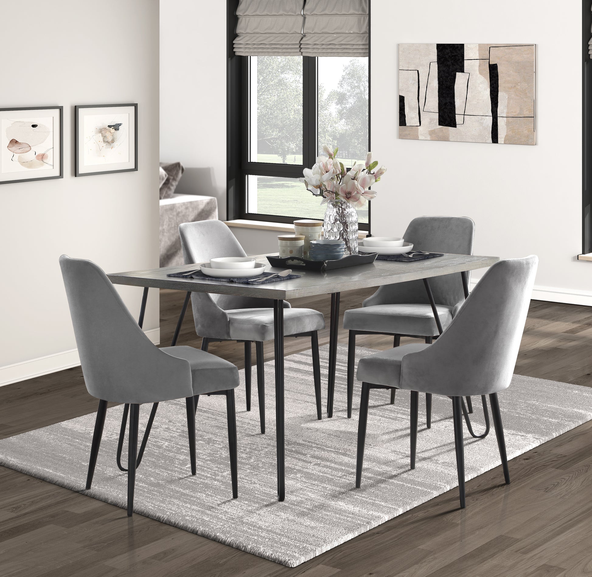 Modern Sleek Design 5Pc Dining Set Table And 4X Side Chairs Gray Velvet Casual Metal Frame Stylish Dining Furniture Wood Gray Dining Room 60 Inches Casual,Modern Rectangular Dining Table With Chair