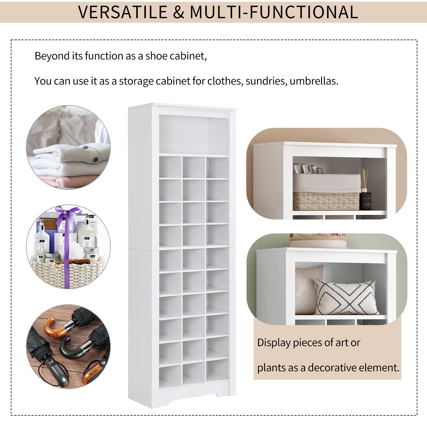 Stylish Design 30 Shoe Cubby Console, Contemporary Shoe Cabinet With Multiple Storage Capacity, Free Standing Tall Cabinet With Versatile Use For Hallway, Bedroom, White Filing Cabinets White Primary Living Space Particle Board