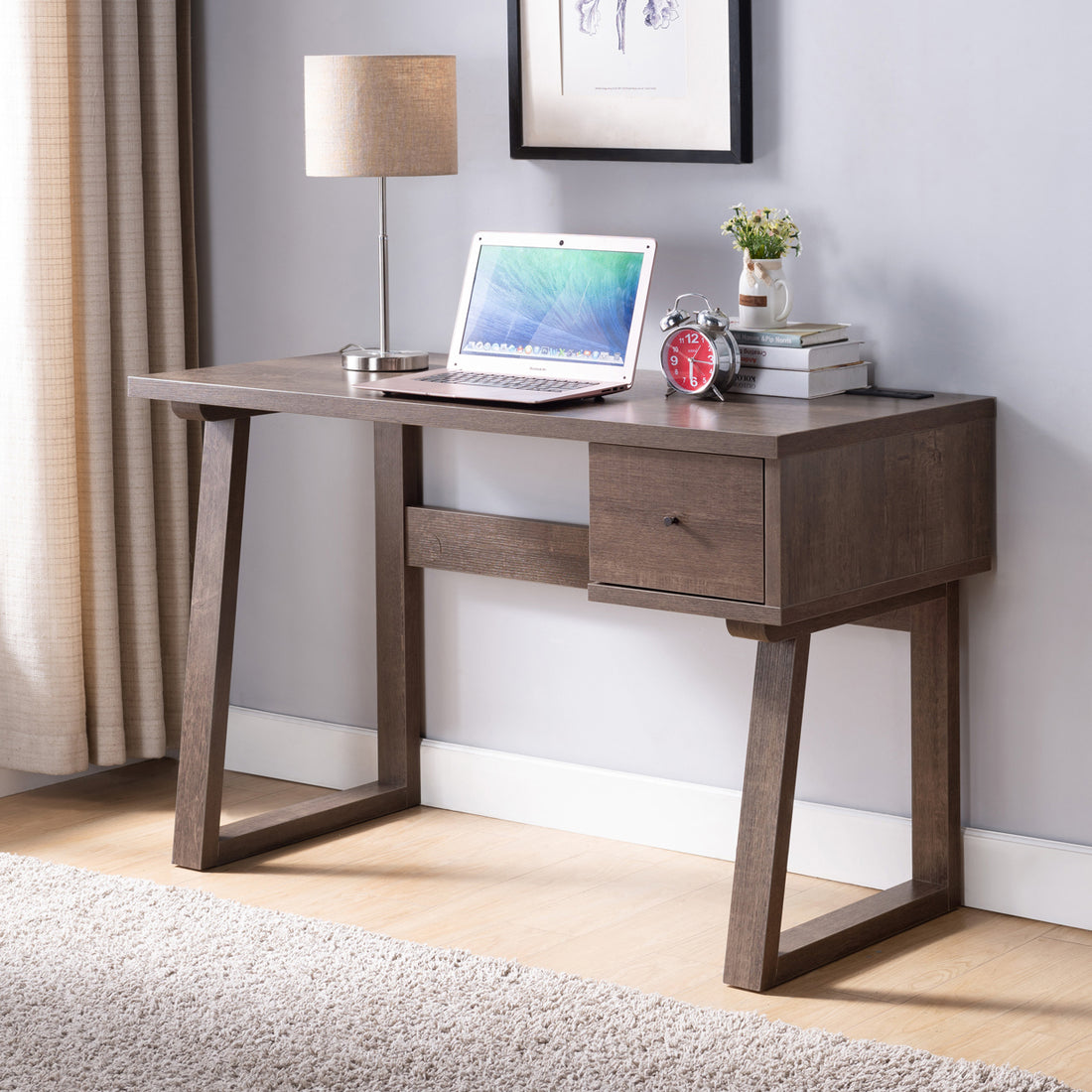 Writing Desk With One Drawer Single Outlet Usb Port Dark Brown Brown Particle Board