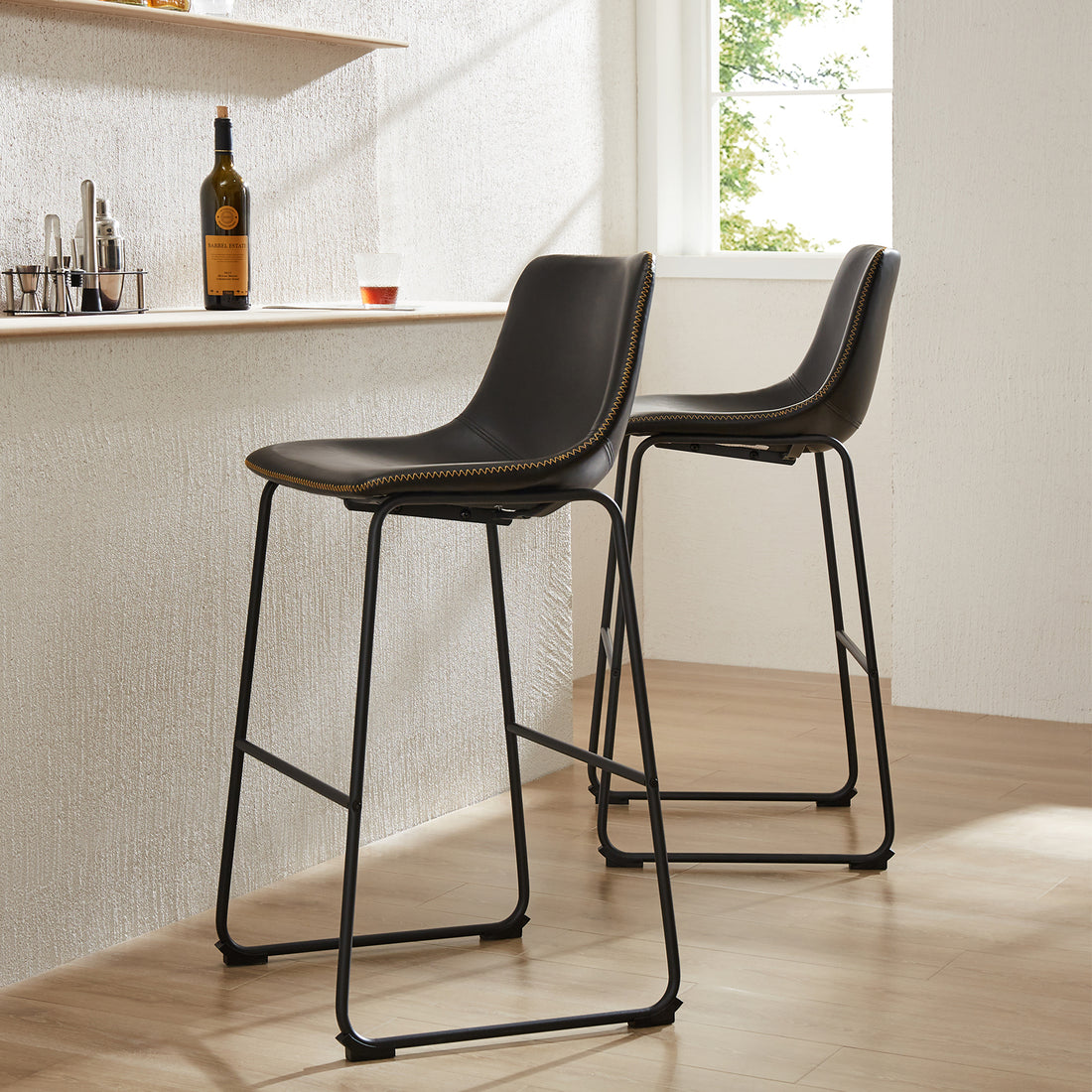 Sweetcrispy Leather 30 Inch Leather Counter Height Bar Stools Bar Stools Set Of 2 Black Pu