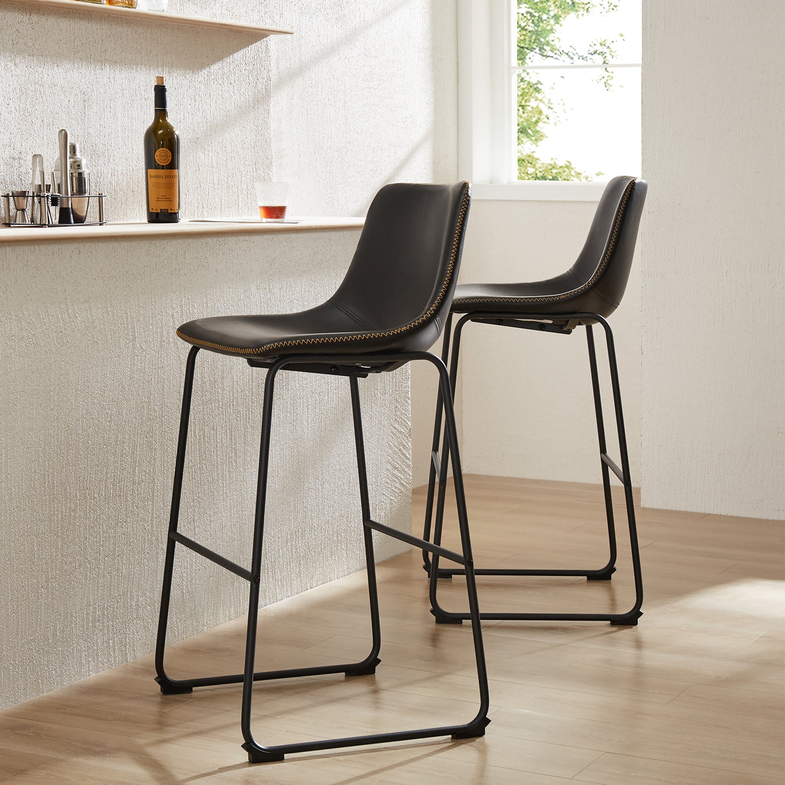 Sweetcrispy Leather 30 Inch Leather Counter Height Bar Stools Bar Stools Set Of 2 Black Pu