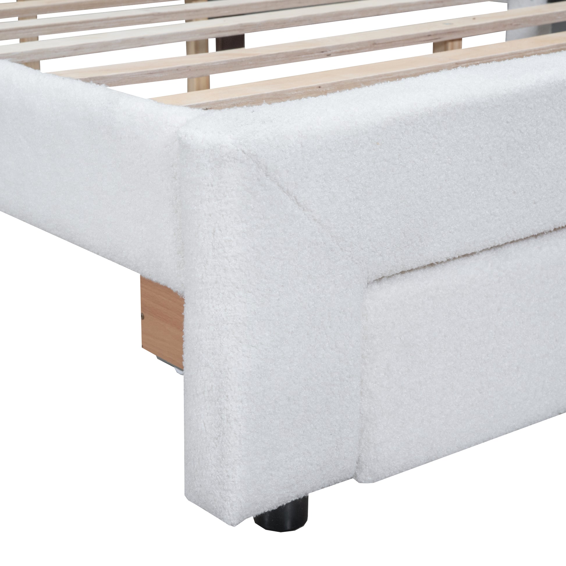 Teddy Fleece Queen Size Upholstered Platform Bed With Drawer, White White Fleece