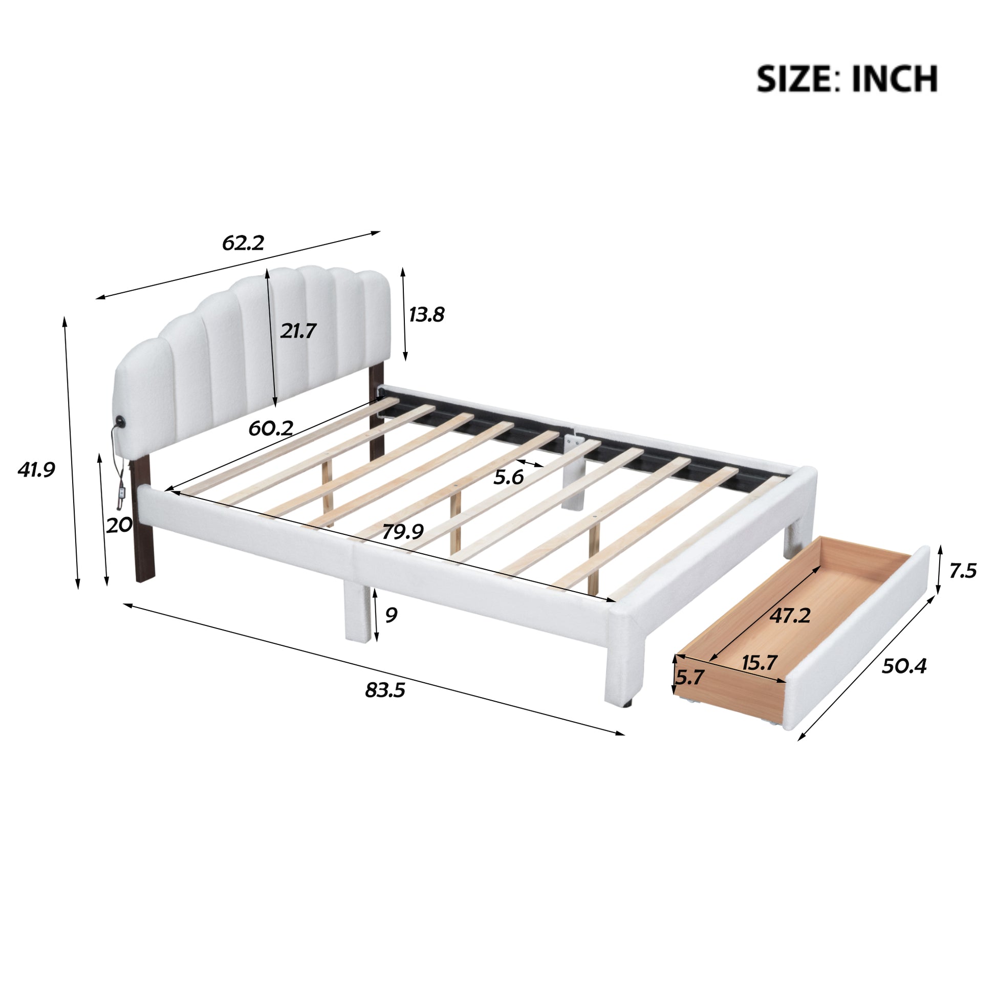 Teddy Fleece Queen Size Upholstered Platform Bed With Drawer, White White Fleece