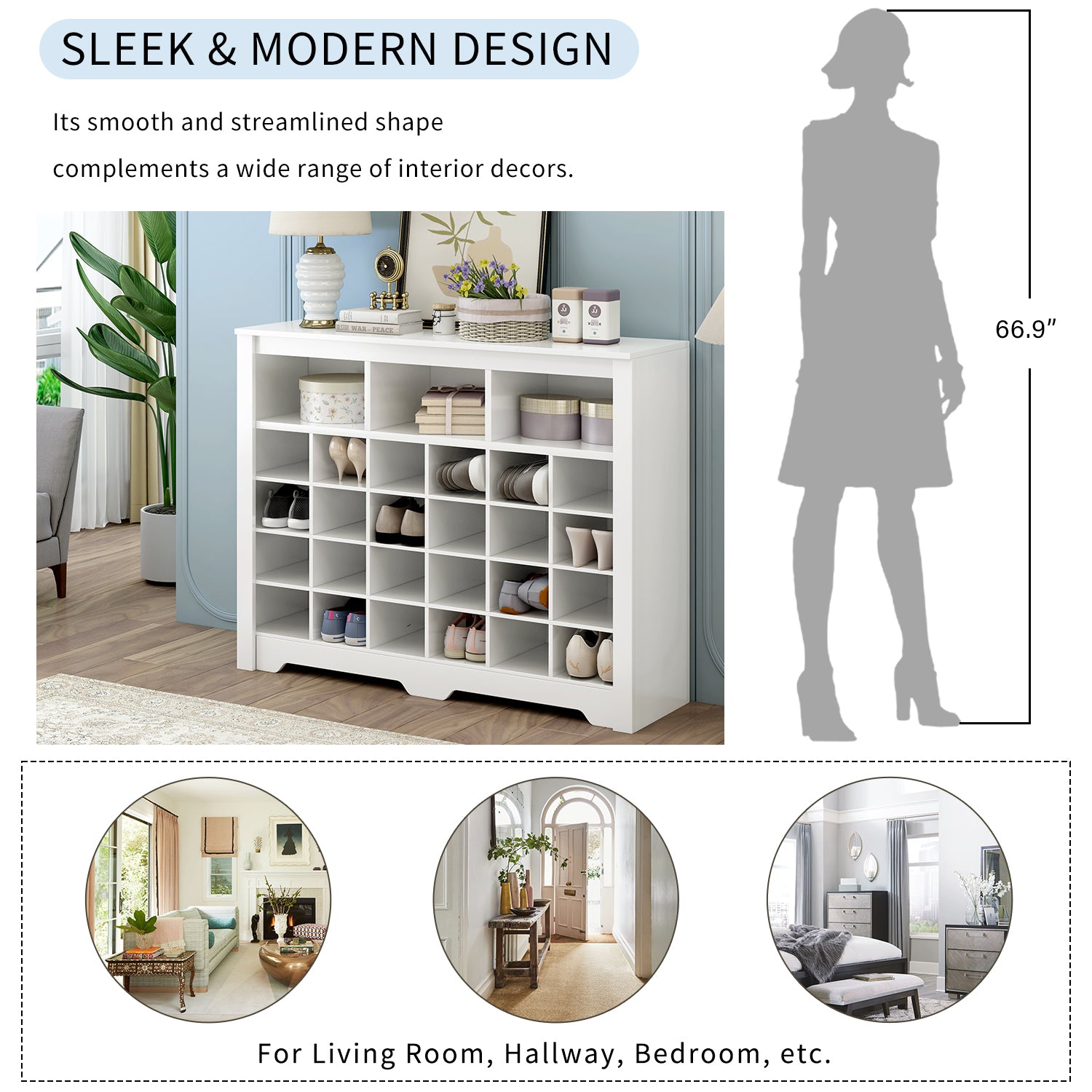 Sleek Design 24 Shoe Cubby Console, Modern Shoe Cabinet With Curved Base, Versatile Sideboard With High Quality For Hallway, Bedroom, Living Room, White Freestanding White Primary Living Space Particle Board