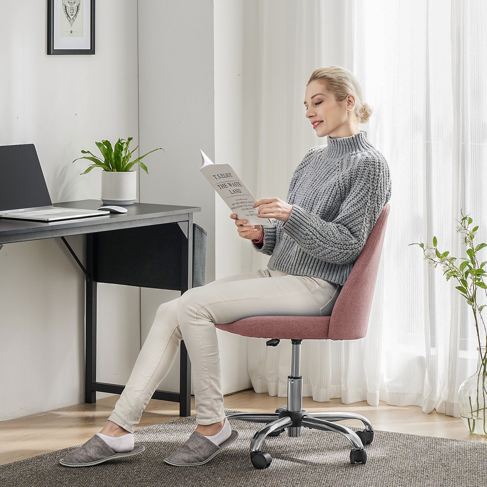 Sweetcrispy Armless Home Office Desk Chair With Wheels Adjustable Swivel Task Computer Vanity Chair For Small Spaces Pink Fabric