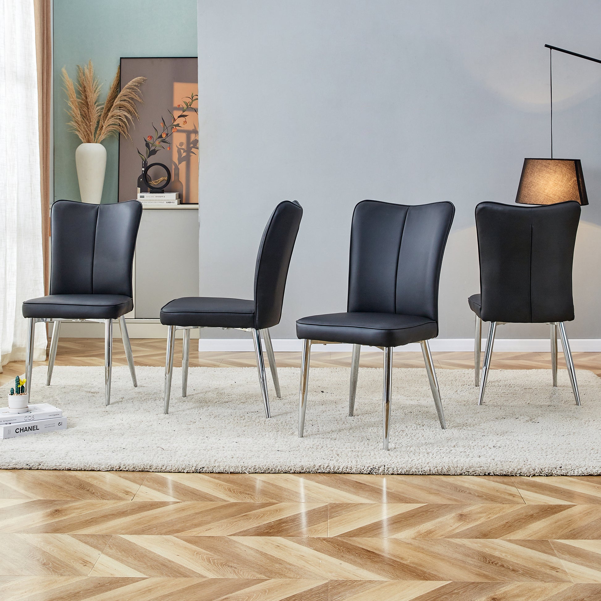 Modern Minimalist Dining Chairs, Black Pu Leather Curved Backrest And Seat Cushions, Electroplated Metal Chair Legs, Suitable For Restaurants, Bedrooms, And Living Rooms. A Set Of 4 Chairs.008 Black Pu