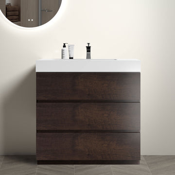 Alice 36" Walnut Bathroom Vanity With Sink, Large Storage Freestanding Bathroom Vanity For Modern Bathroom, One Piece White Sink Basin Without Drain And Faucet, Pre Assembled White Walnut Melamine