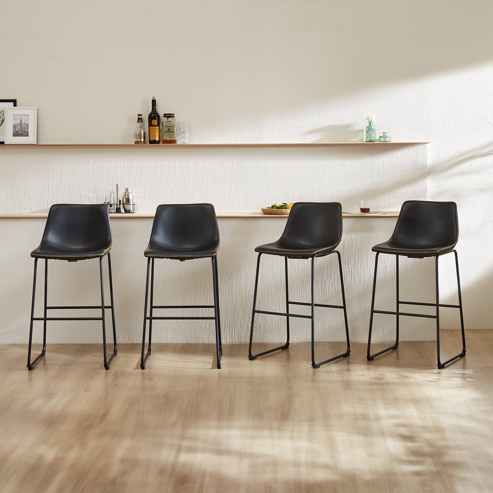Sweetcrispy Leather 30 Inch Leather Counter Height Bar Stools Bar Stools Set Of 2 Black Pu