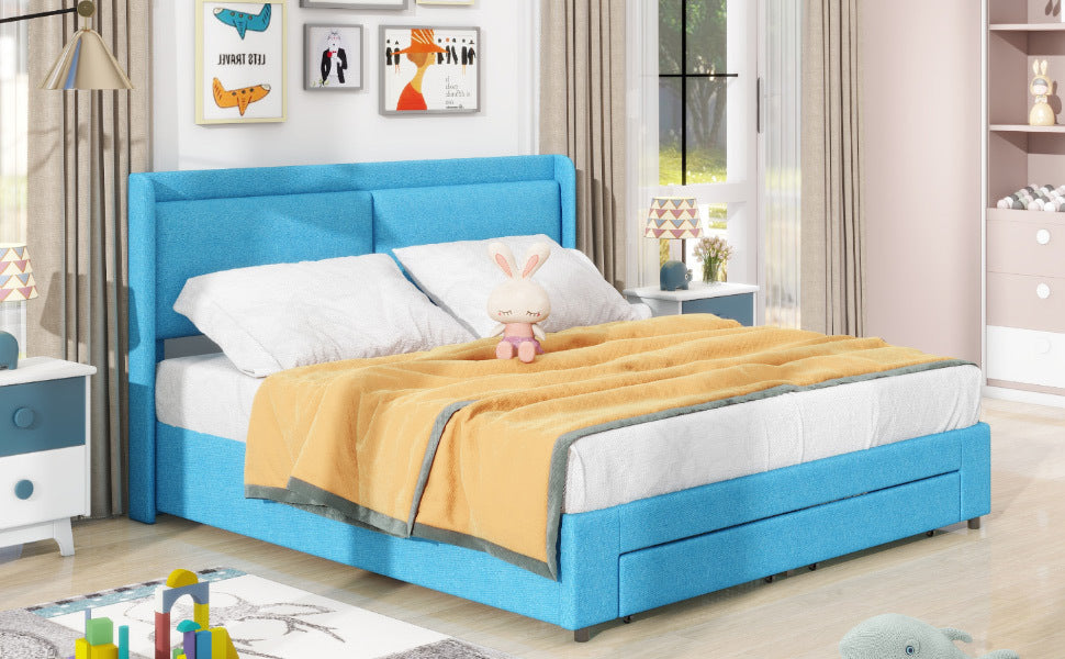 Queen Size Storage Upholstered Hydraulic Platform Bed With 2 Drawers, Blue Box Spring Not Required Queen Blue Metal Bedroom Bed Frame Linen Upholstered