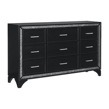 Pearl Black Metallic Finish Dresser 1Pc 9 Drawers Silver Glitter Trim Modern Bedroom Furniture Black Bedroom Contemporary,Glam,Modern Wood