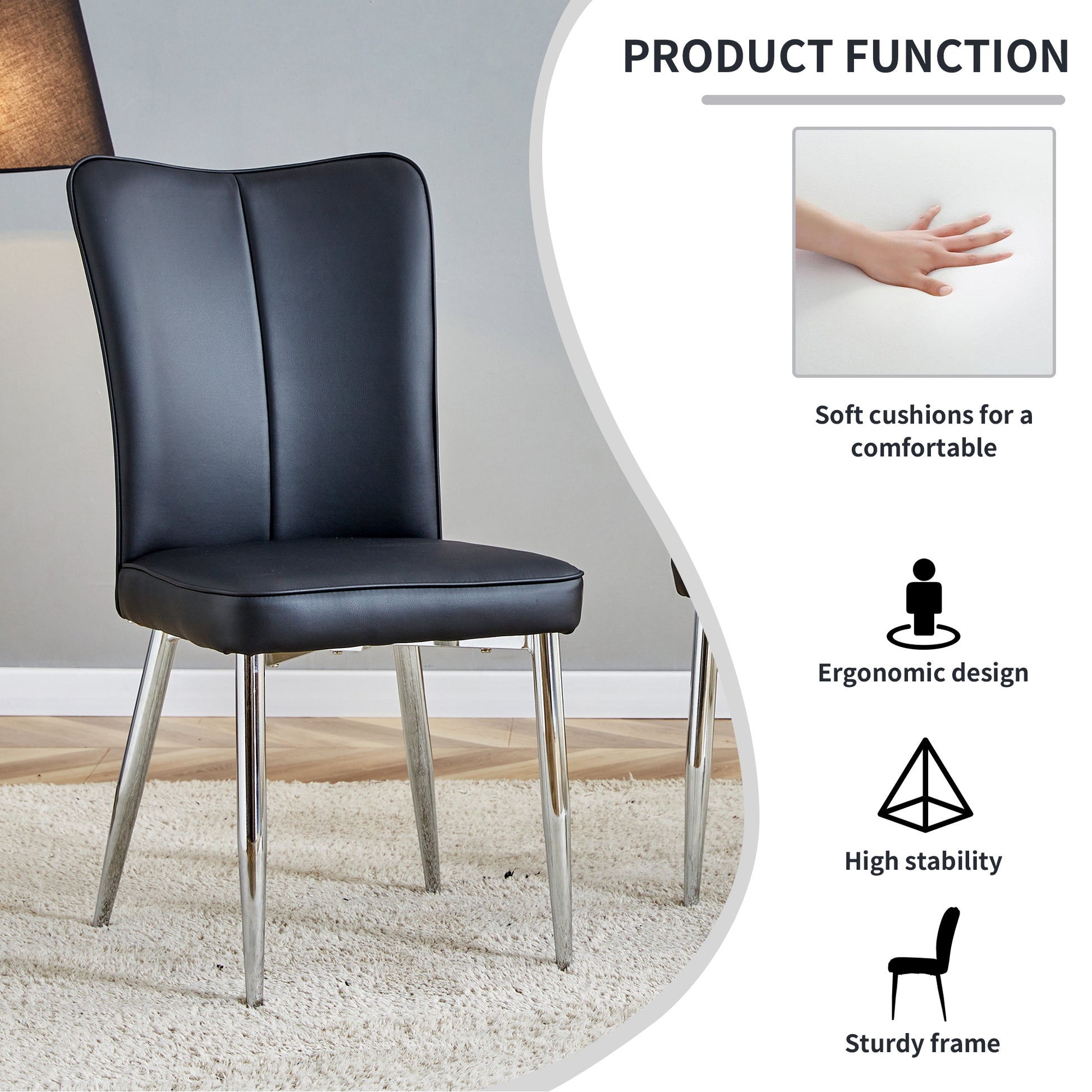 Modern Minimalist Dining Chairs, Black Pu Leather Curved Backrest And Seat Cushions, Electroplated Metal Chair Legs, Suitable For Restaurants, Bedrooms, And Living Rooms. A Set Of 4 Chairs.008 Black Pu