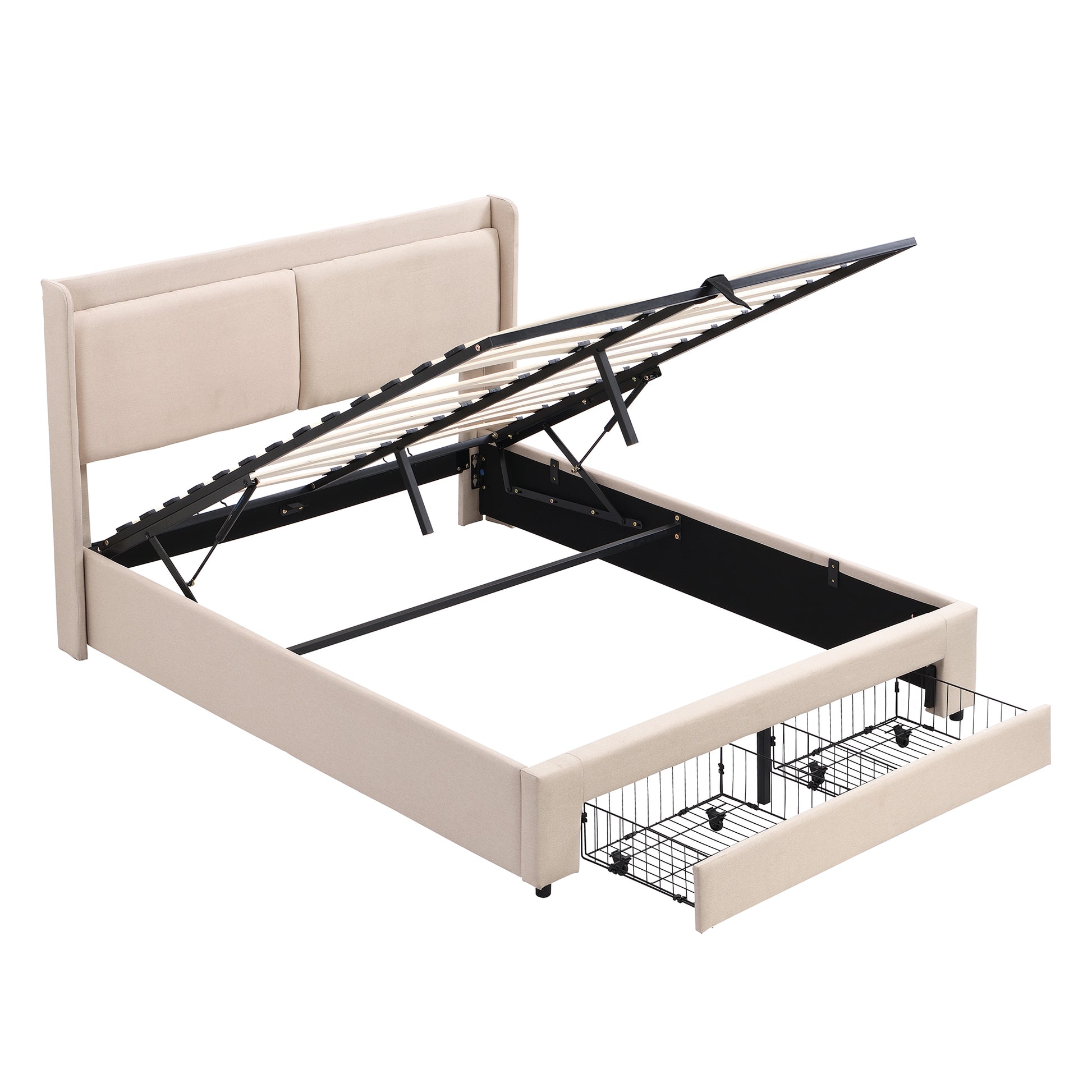 Queen Size Storage Upholstered Hydraulic Platform Bed With 2 Drawers, Beige Box Spring Not Required Queen Beige Metal Bedroom Bed Frame Linen Upholstered
