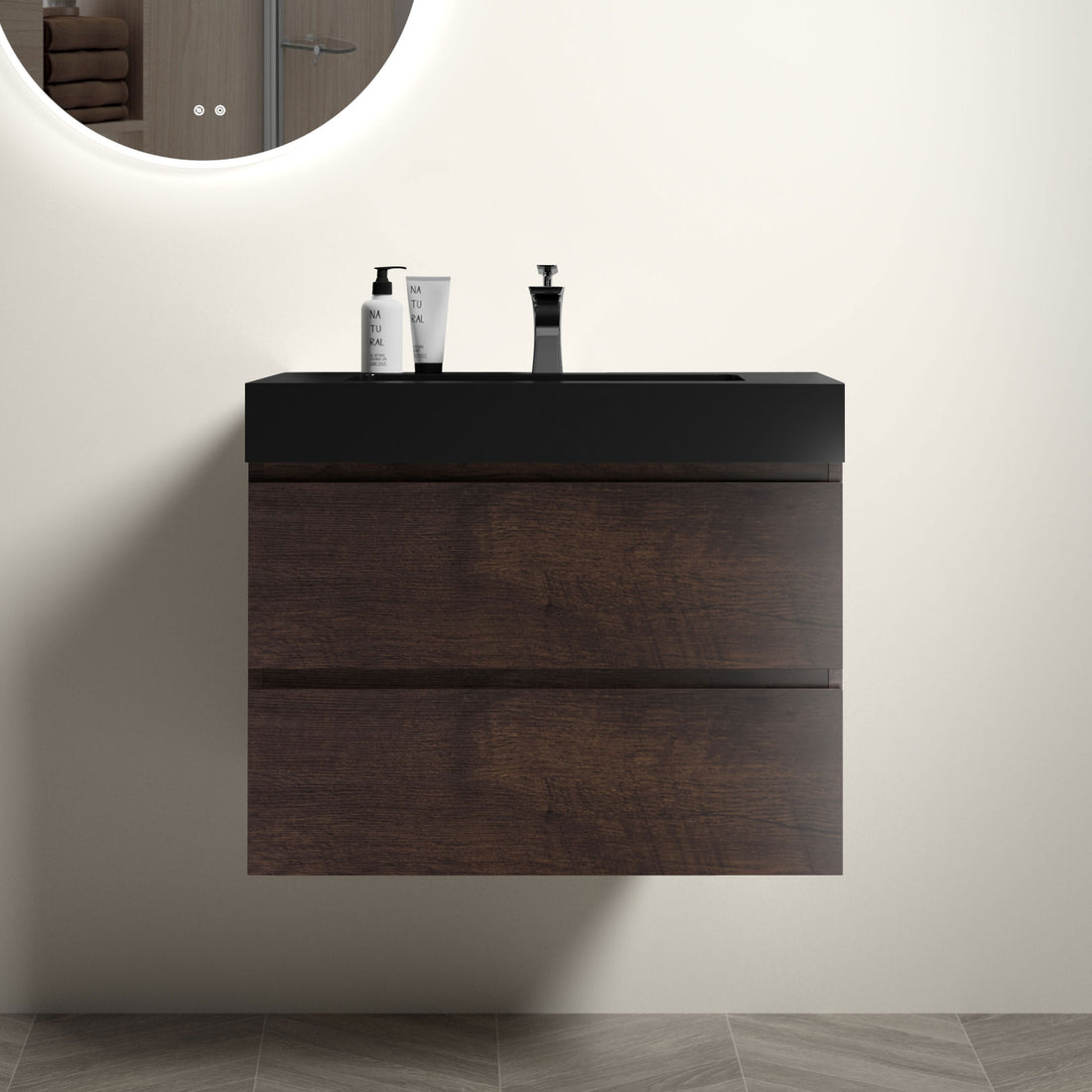 Alice 30" Walnut Bathroom Vanity With Sink, Large Storage Wall Mounted Floating Bathroom Vanity For Modern Bathroom, One Piece Black Sink Basin Without Drain And Faucet, Pre Assembled Walnut Black