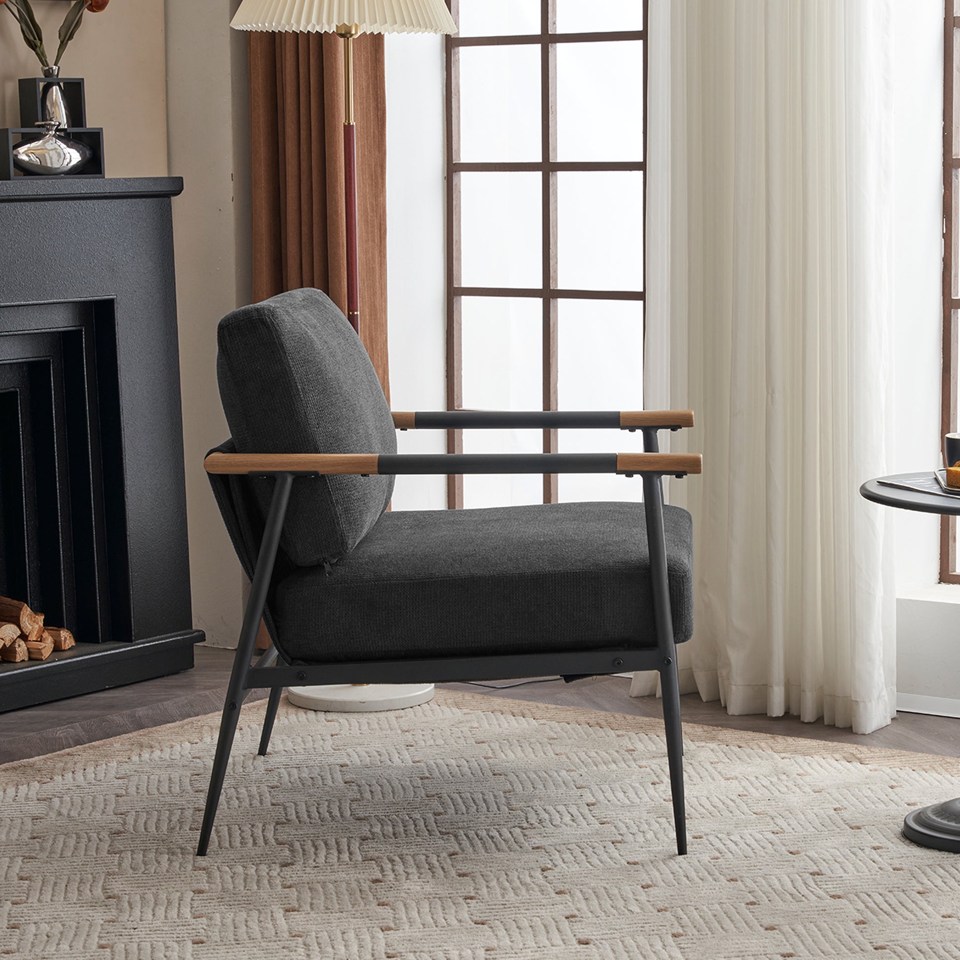 Leisure Lounge Chair Arm Chair With Metal Frame, Upholstered Side Chair Comfy Sitting Chair For Living Room, Black Chenille Black Chenille