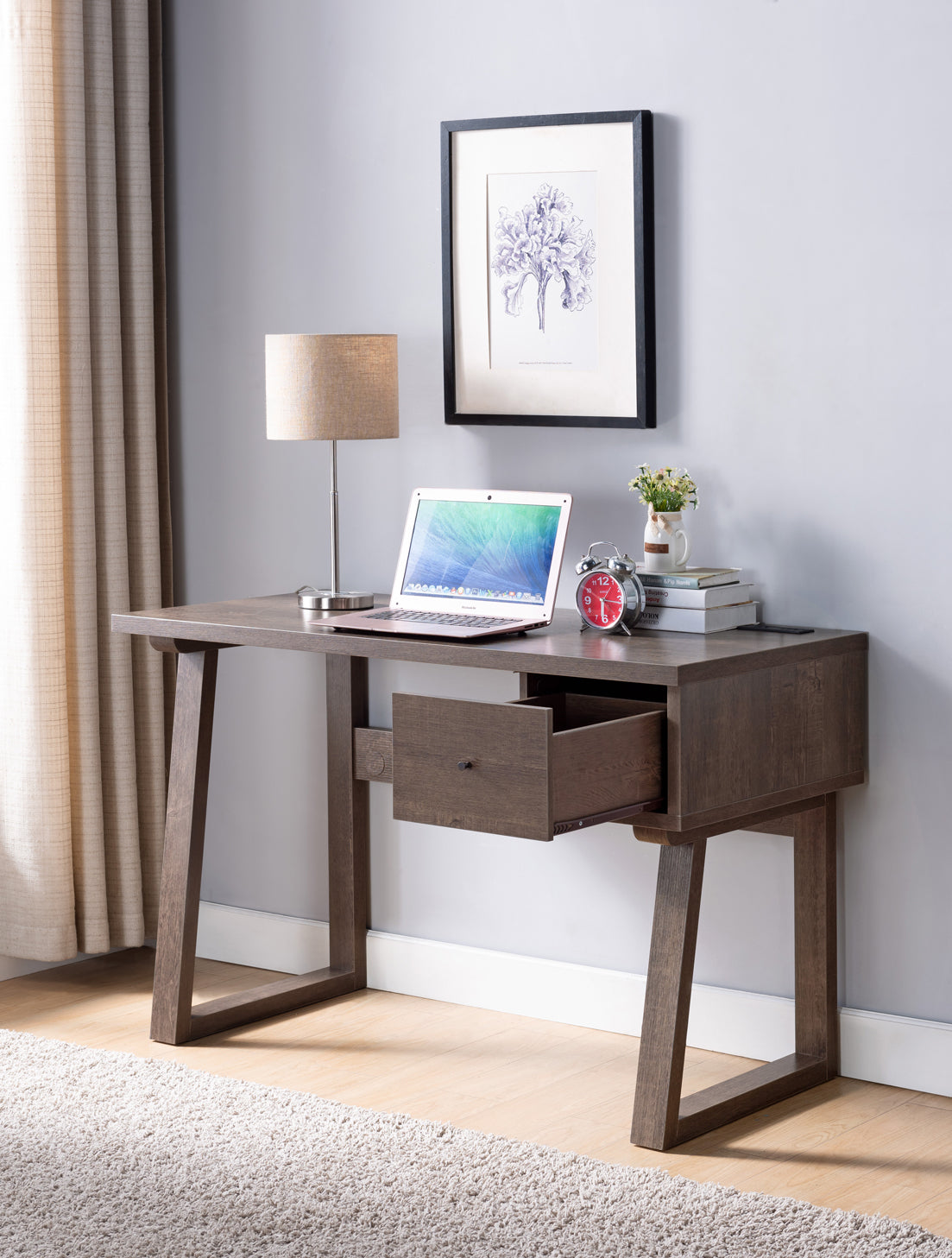 Writing Desk With One Drawer Single Outlet Usb Port Dark Brown Brown Particle Board