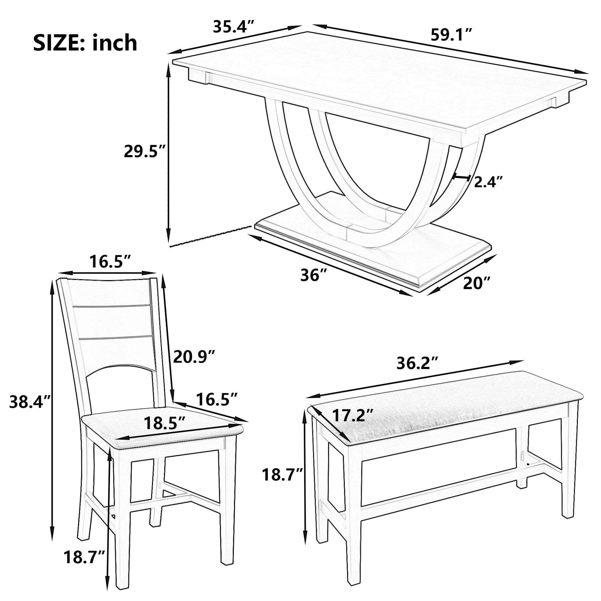 6 Piece Wood Half Round Dining Table Set Kitchen Table Set With Long Bench And 4 Dining Chairs, Modern Style, Natural Wood Dining Room Bench Seating Rubberwood Rectangular Dining Table With Chair