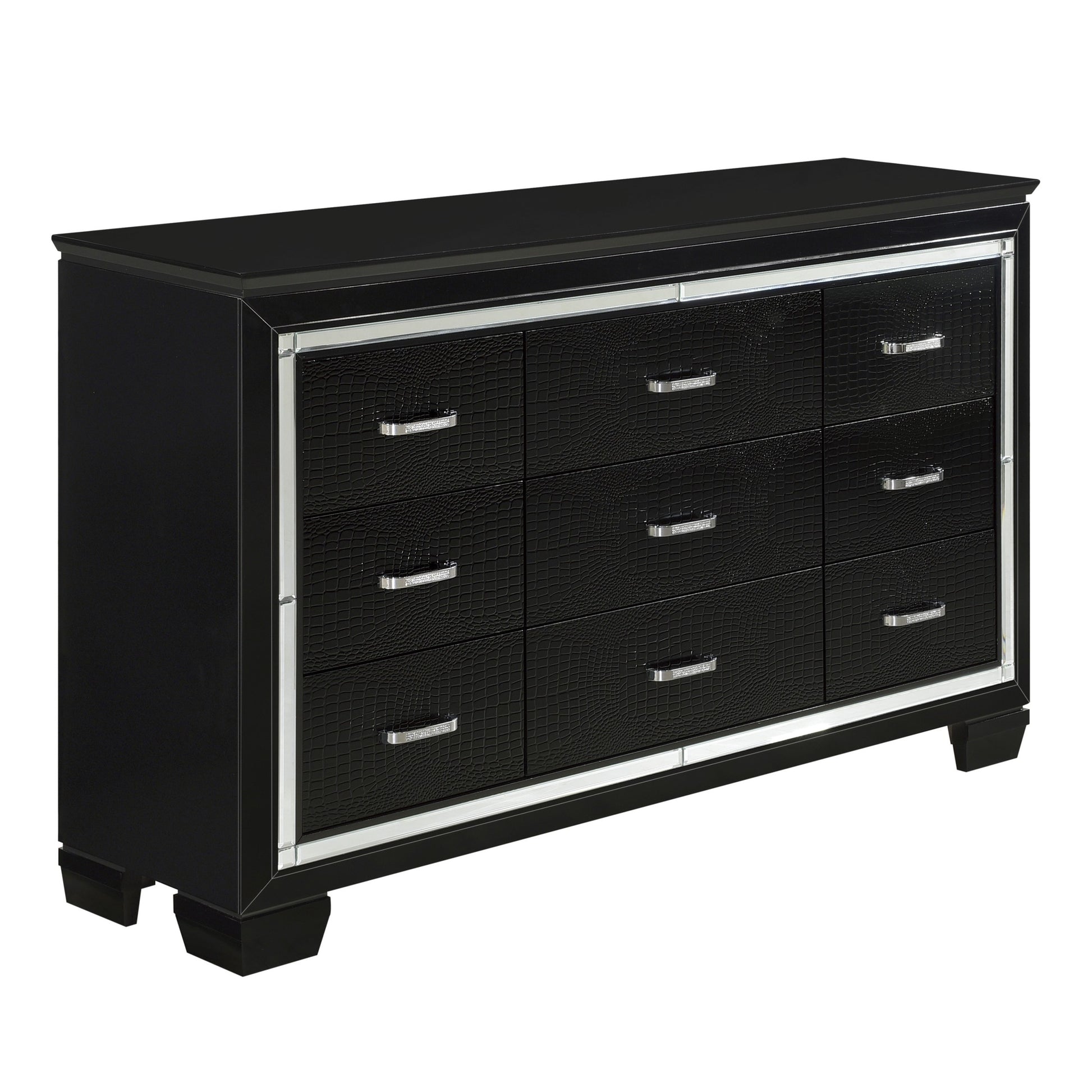 Black Finish Dresser Bold Desing 9 Drawers Glamorous Faux Alligator Textured Fronts Wooden Bedroom Furniture Black Bedroom Contemporary,Glam,Modern Wood