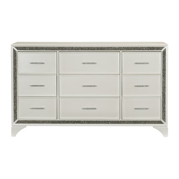 Pearl White Metallic Finish Dresser 1Pc 9 Drawers Silver Glitter Trim Modern Bedroom Furniture White Bedroom Contemporary,Glam,Modern Wood