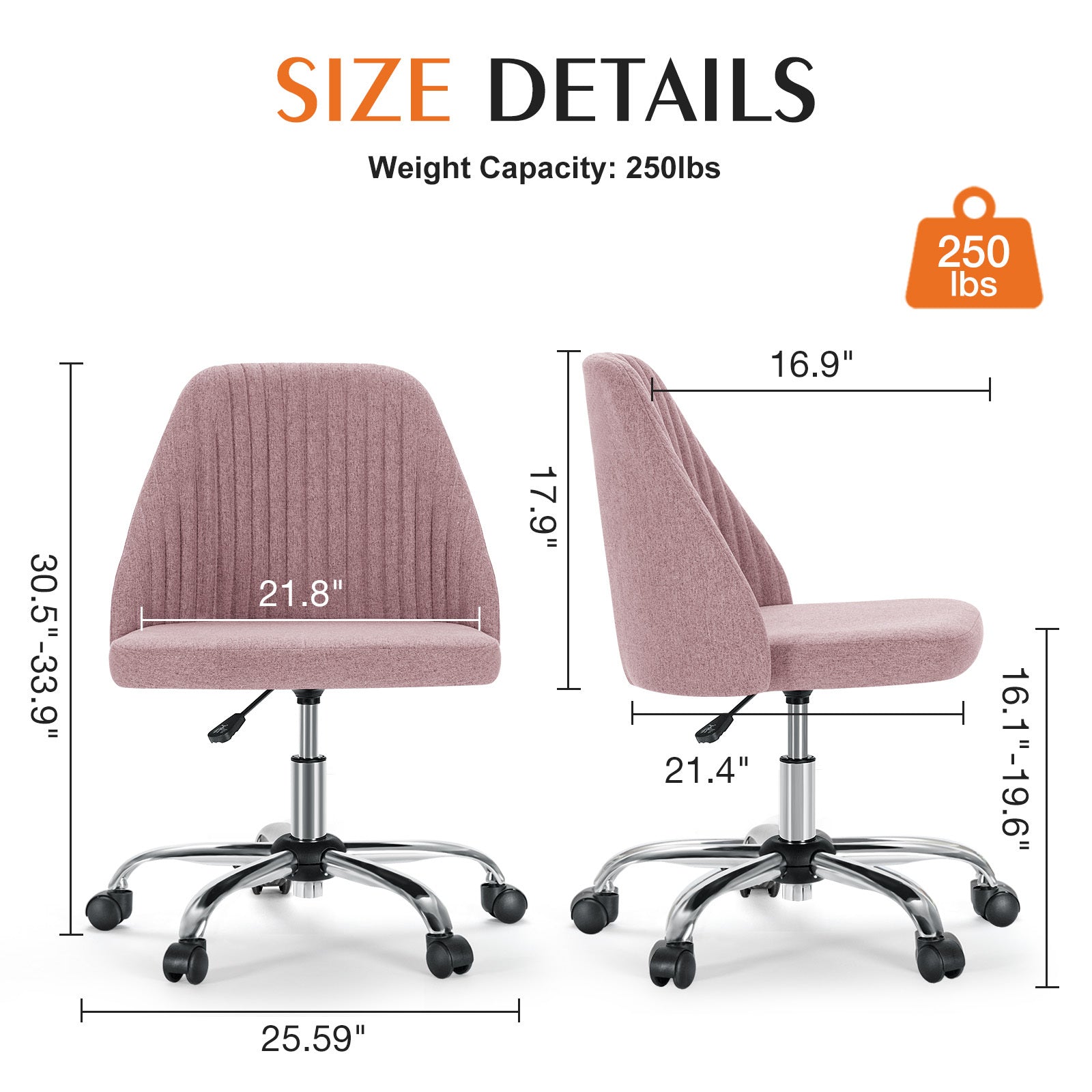 Sweetcrispy Armless Home Office Desk Chair With Wheels Adjustable Swivel Task Computer Vanity Chair For Small Spaces Pink Fabric