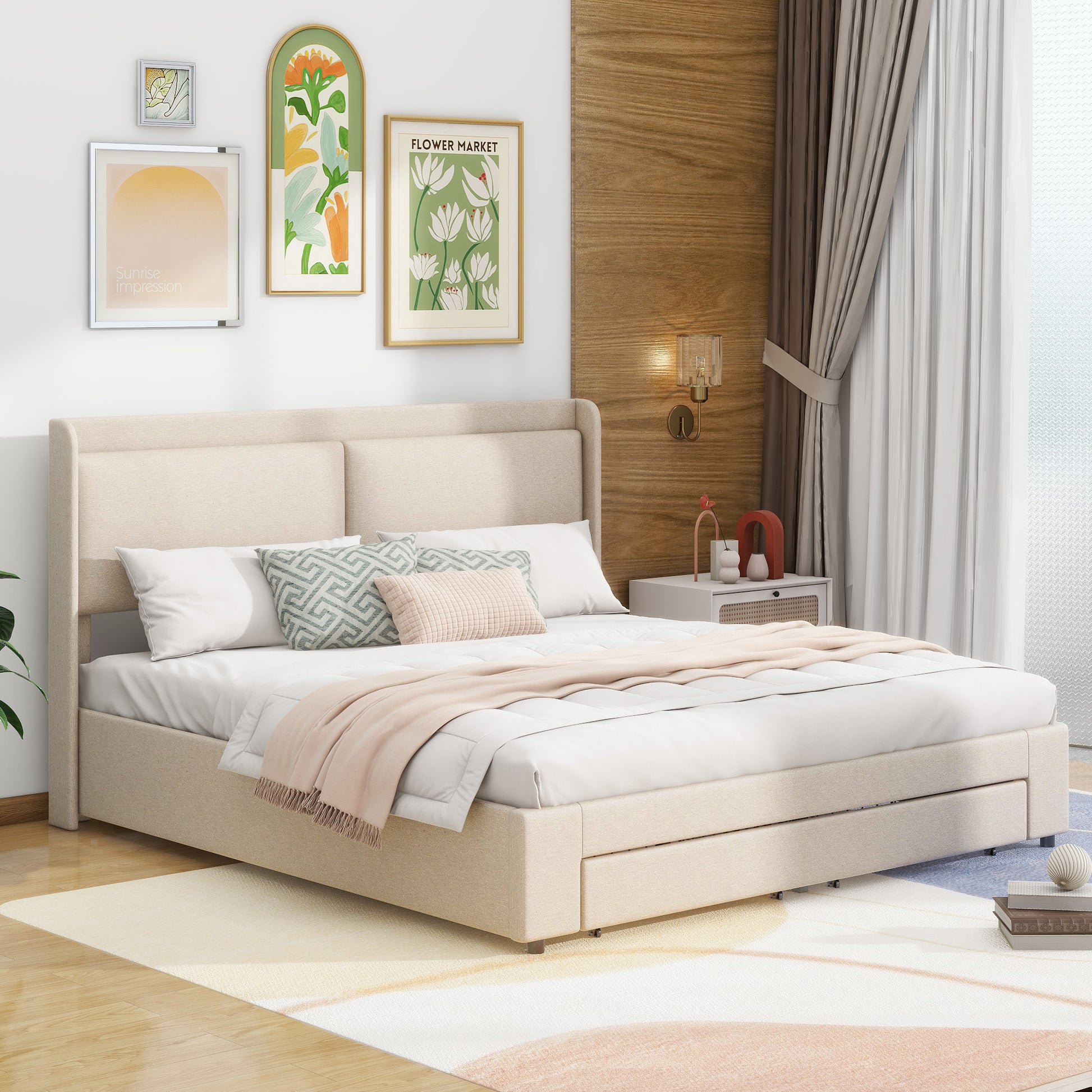Queen Size Storage Upholstered Hydraulic Platform Bed With 2 Drawers, Beige Box Spring Not Required Queen Beige Metal Bedroom Bed Frame Linen Upholstered
